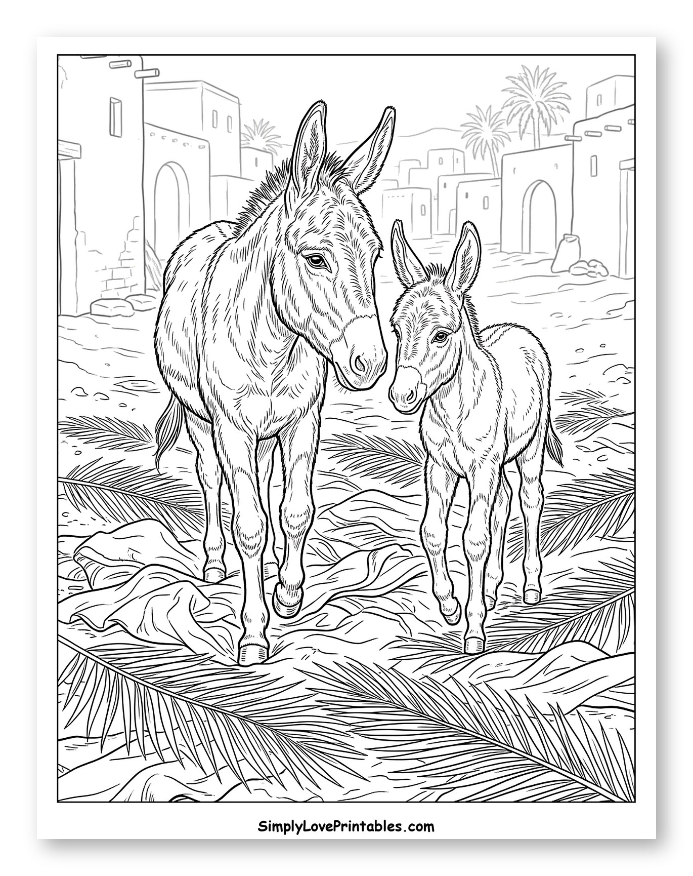 Donkey and Foal on Palm Branches in Village Coloring Page