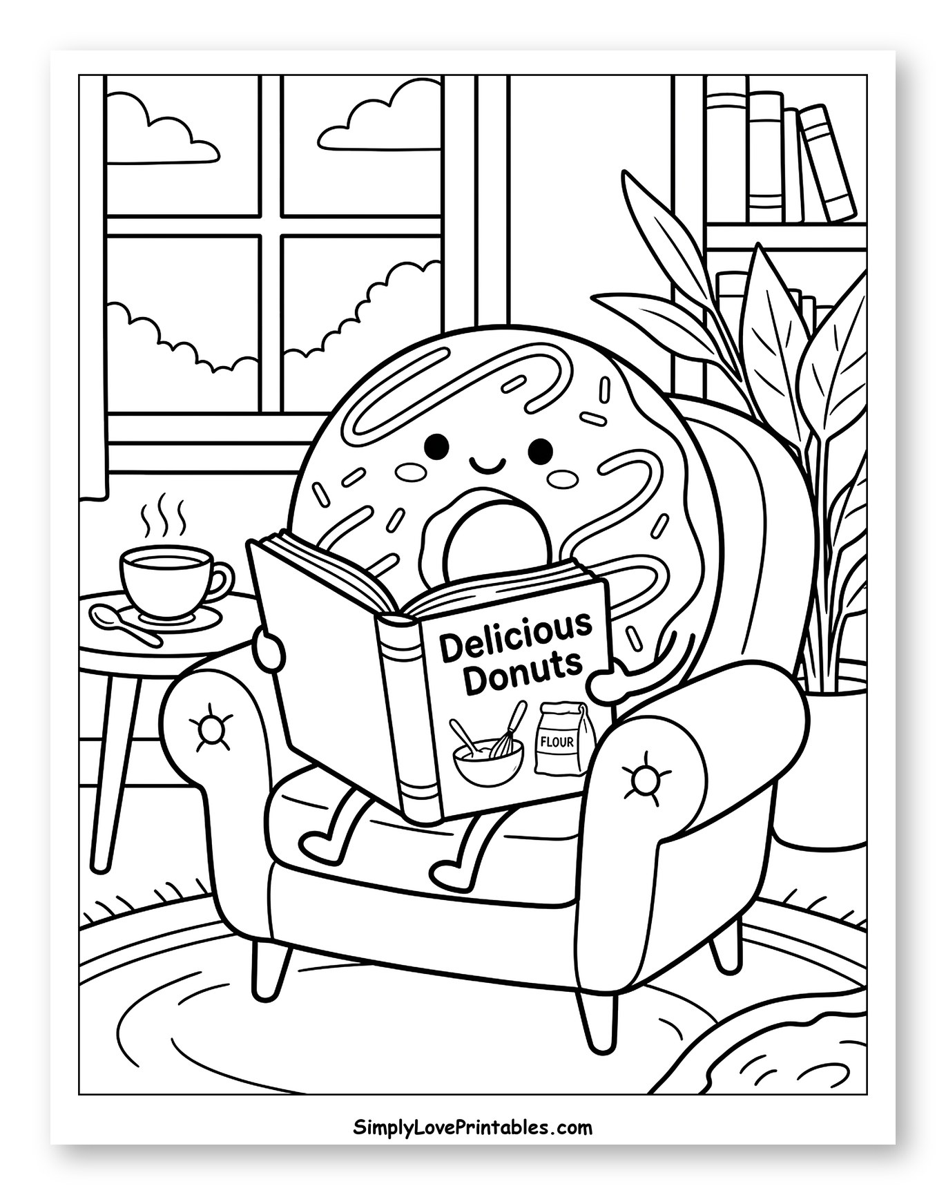 Donut Reading a Cookbook in a Cozy Room to Color for Kids