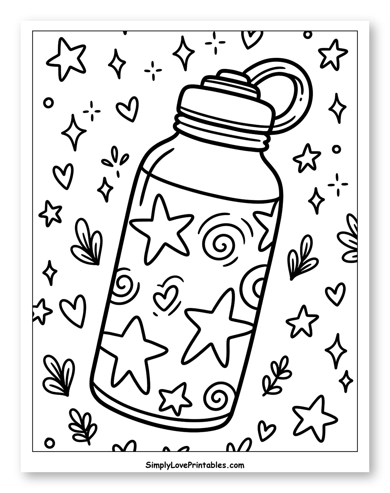 Doodle Water Bottle Amidst Stars and Hearts