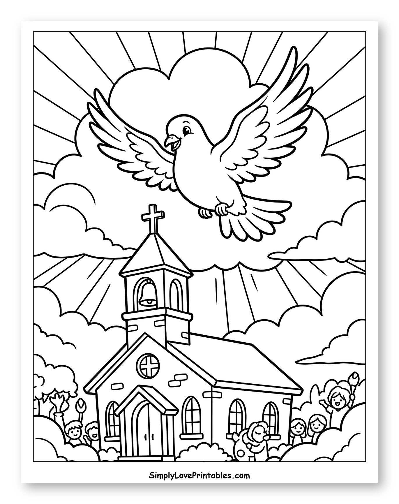 Dove Flying Above a Church with Children