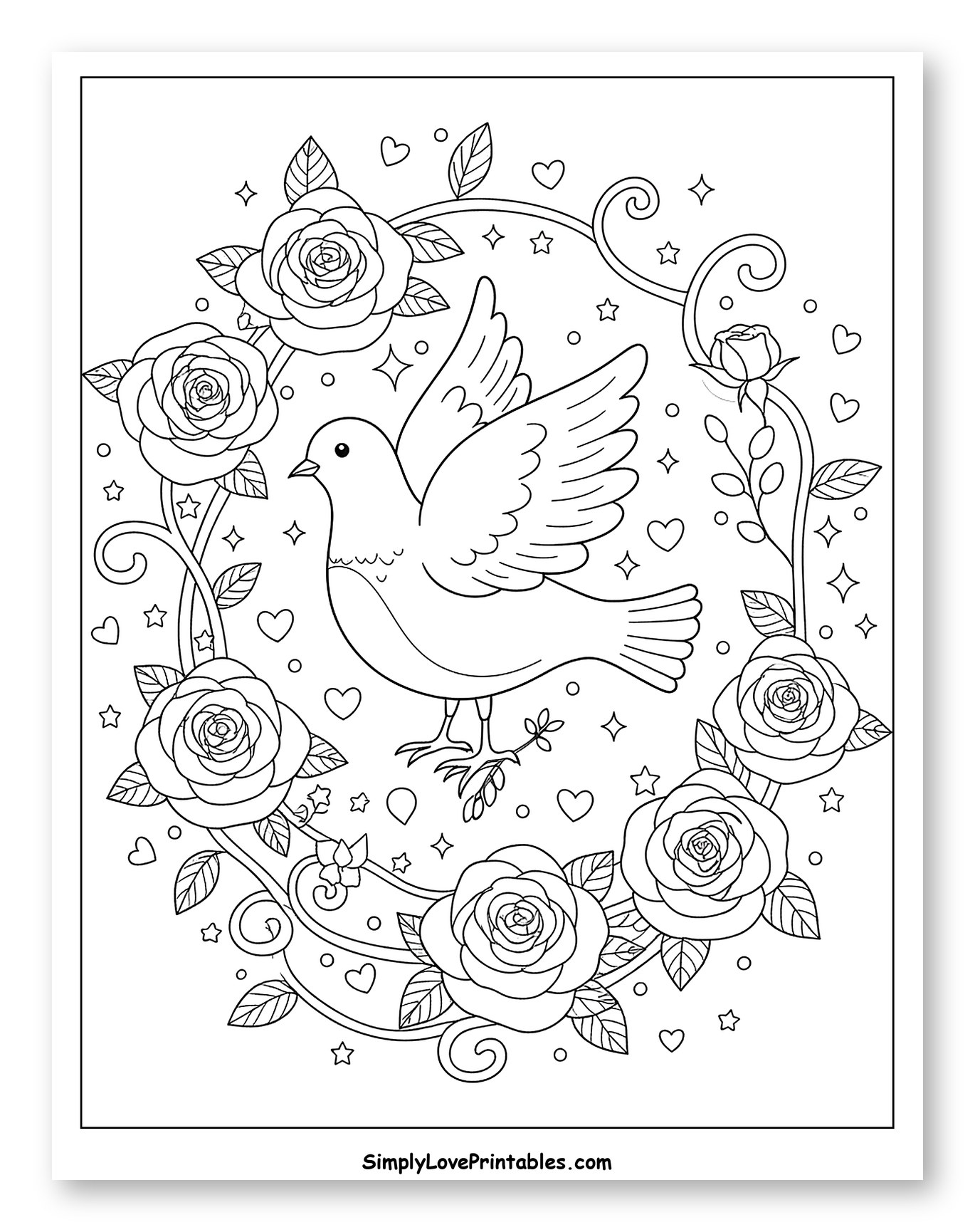 Dove Flying in a Rose and Heart Wreath Coloring Page for Adults
