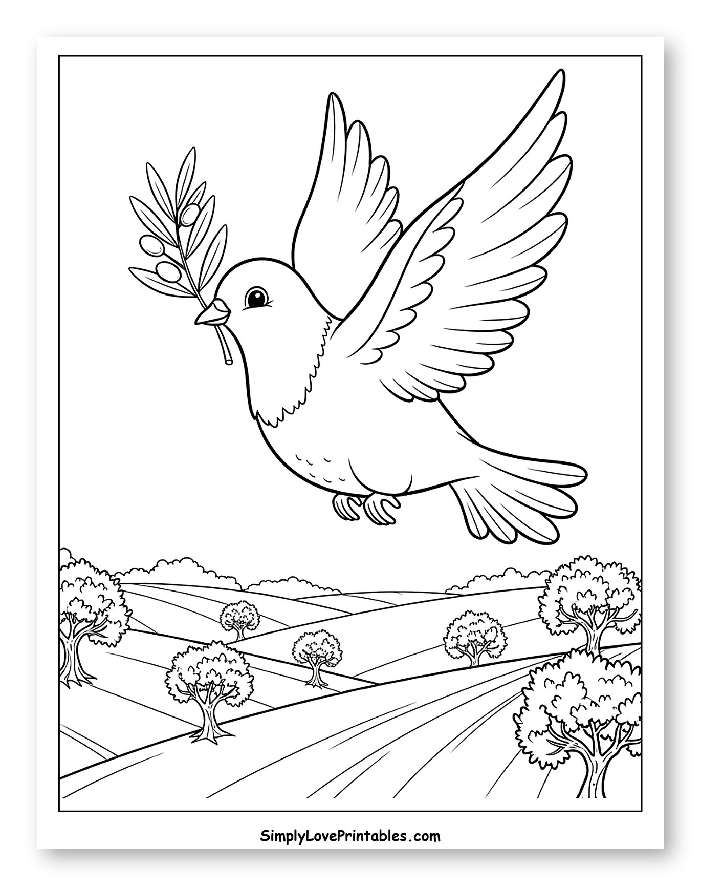 Dove Flying with Olive Branch over Fields Coloring Sheet for Kids
