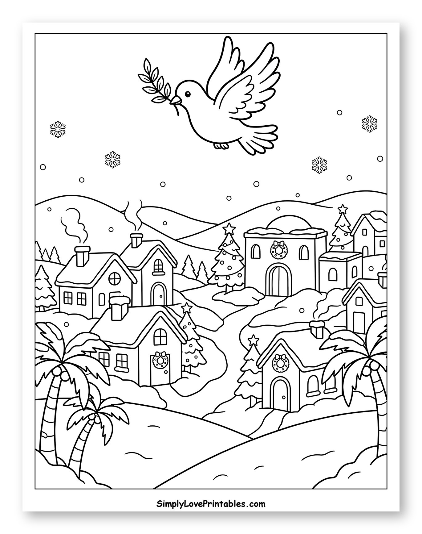 Dove of Peace Over a Snowy Town to Color for Kids