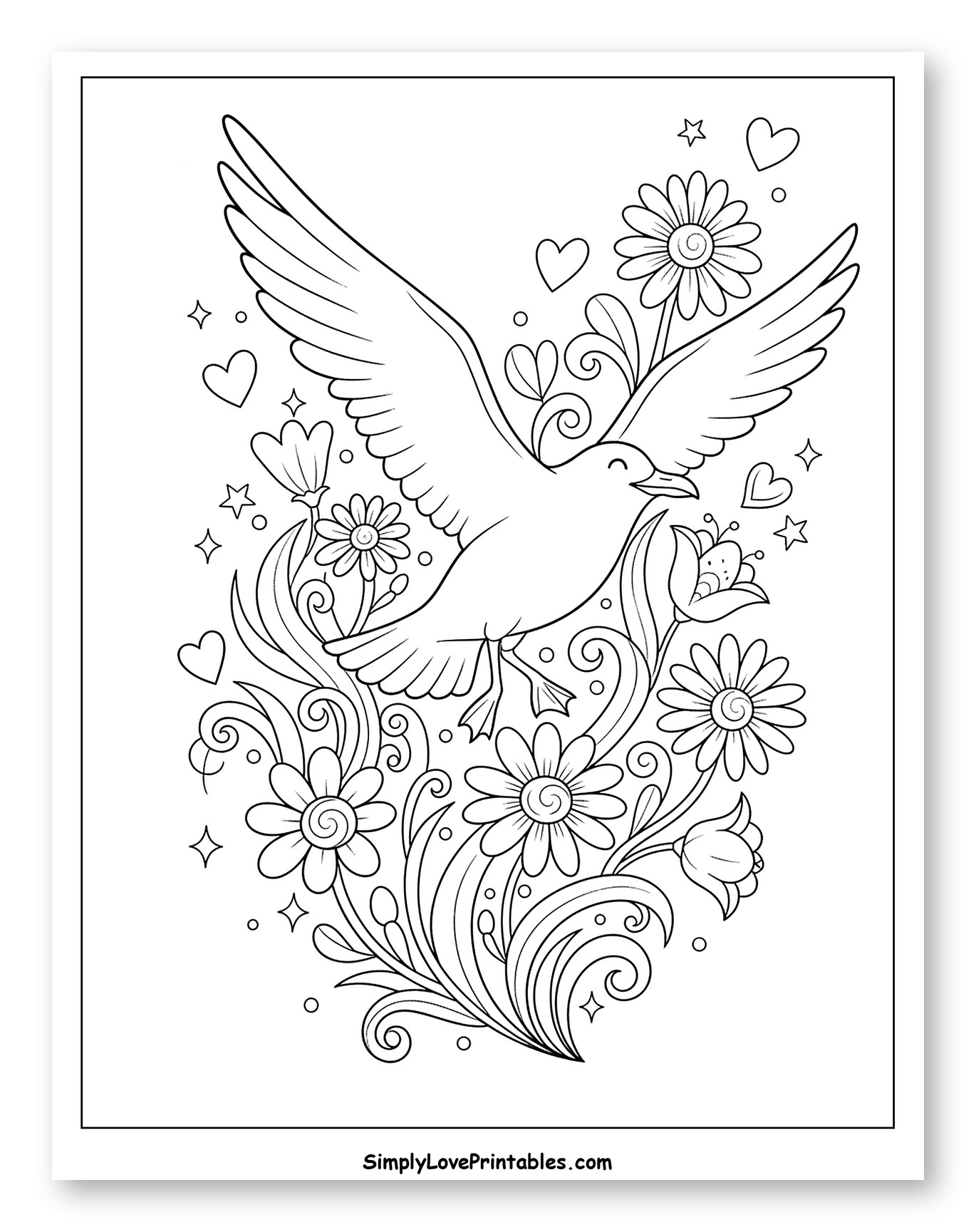 Dove Soaring Among Flowers and Sparkling Hearts
