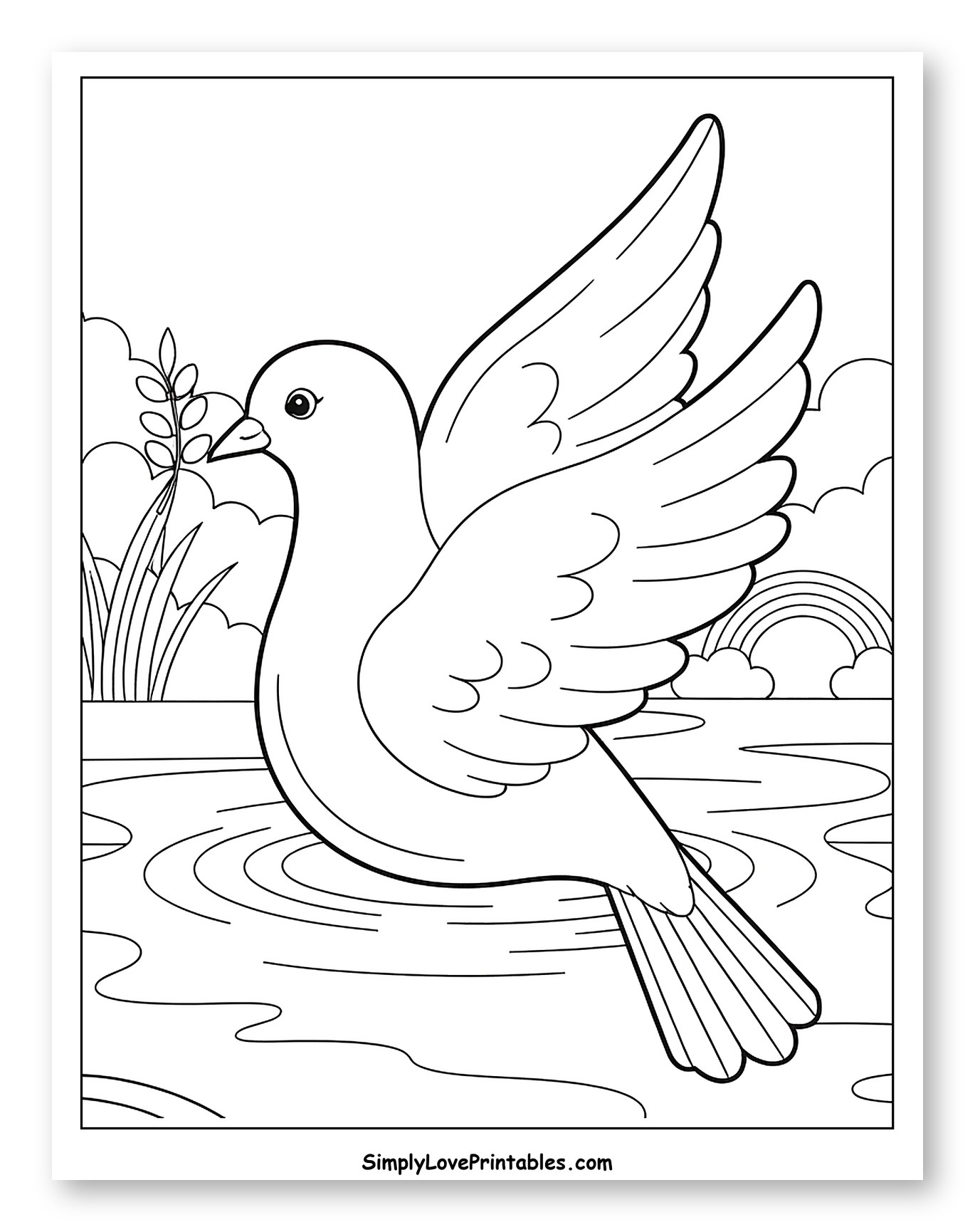 Dove with Olive Branch Flying Over Water