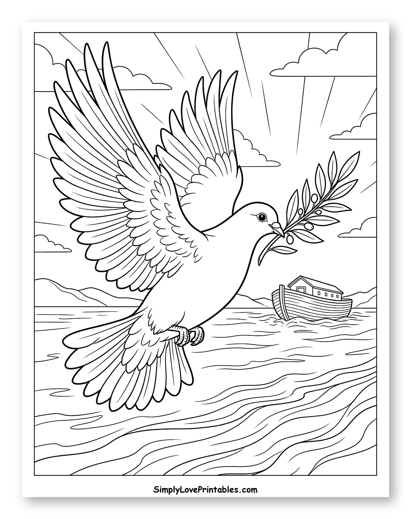 Dove with Olive Branch Flying Towards Ark