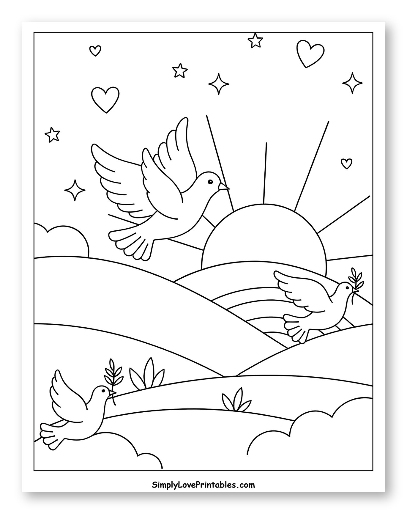 Doves and Olive Branches Over Hills at Sunrise