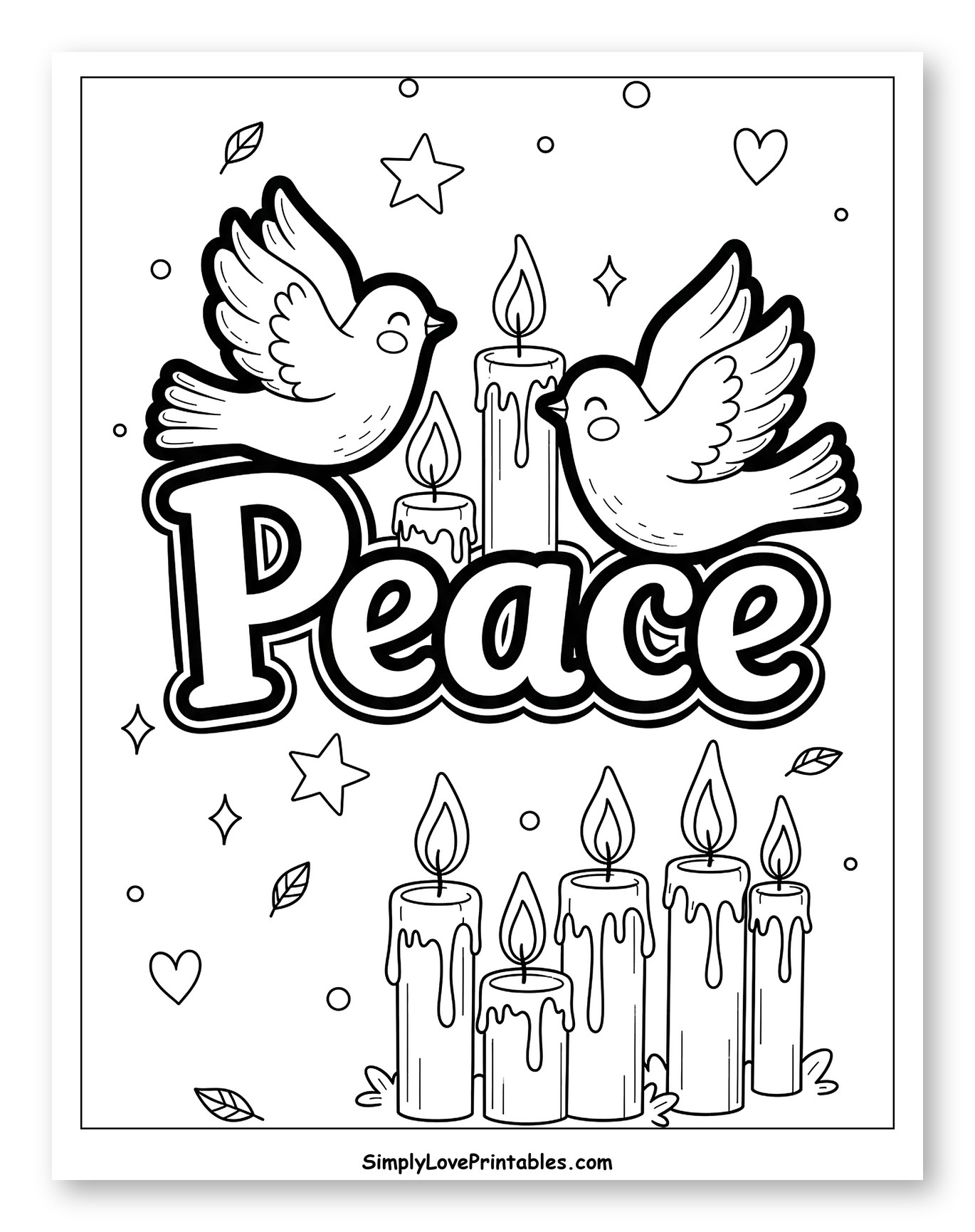 Doves, Candles, and the Word Peace Coloring Sheet for Adults