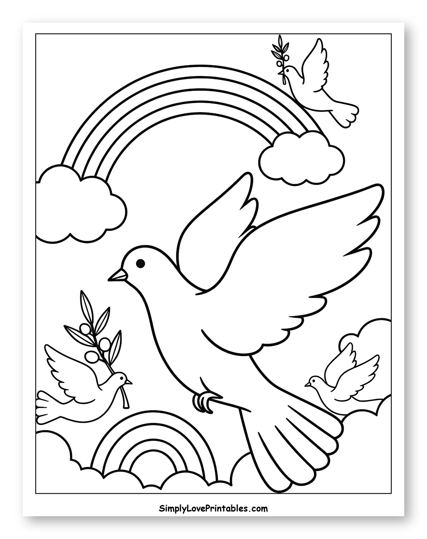 Doves of Peace Soaring Above Rainbows to Color for Toddlers