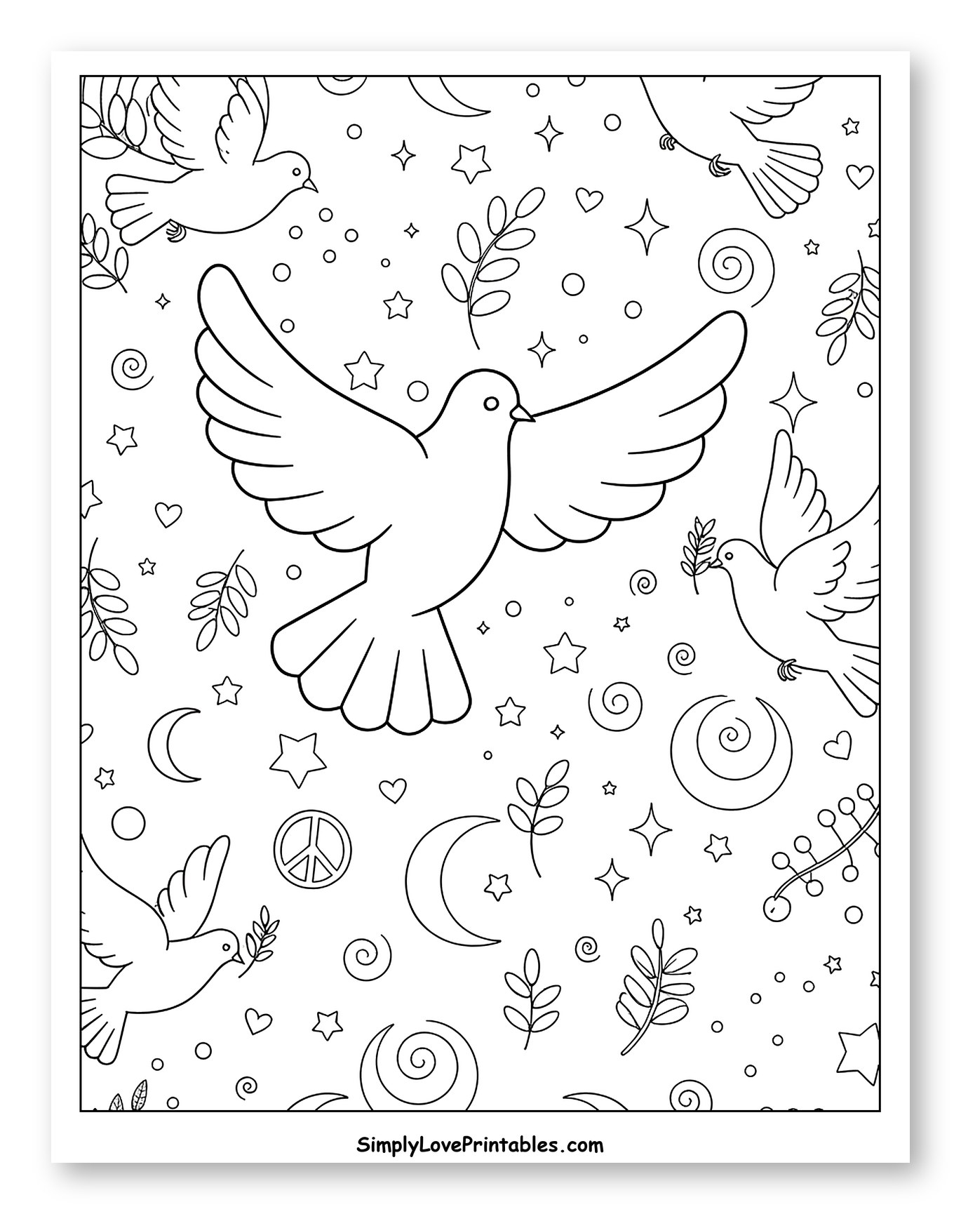 Doves of Peace with Celestial and Nature Elements to Color for Adults
