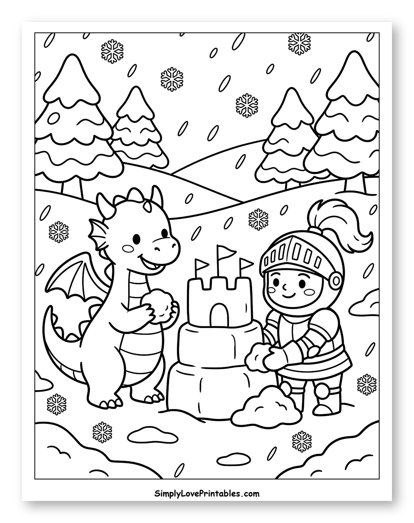 Dragon and Knight Building a Snow Castle to Color for Kids