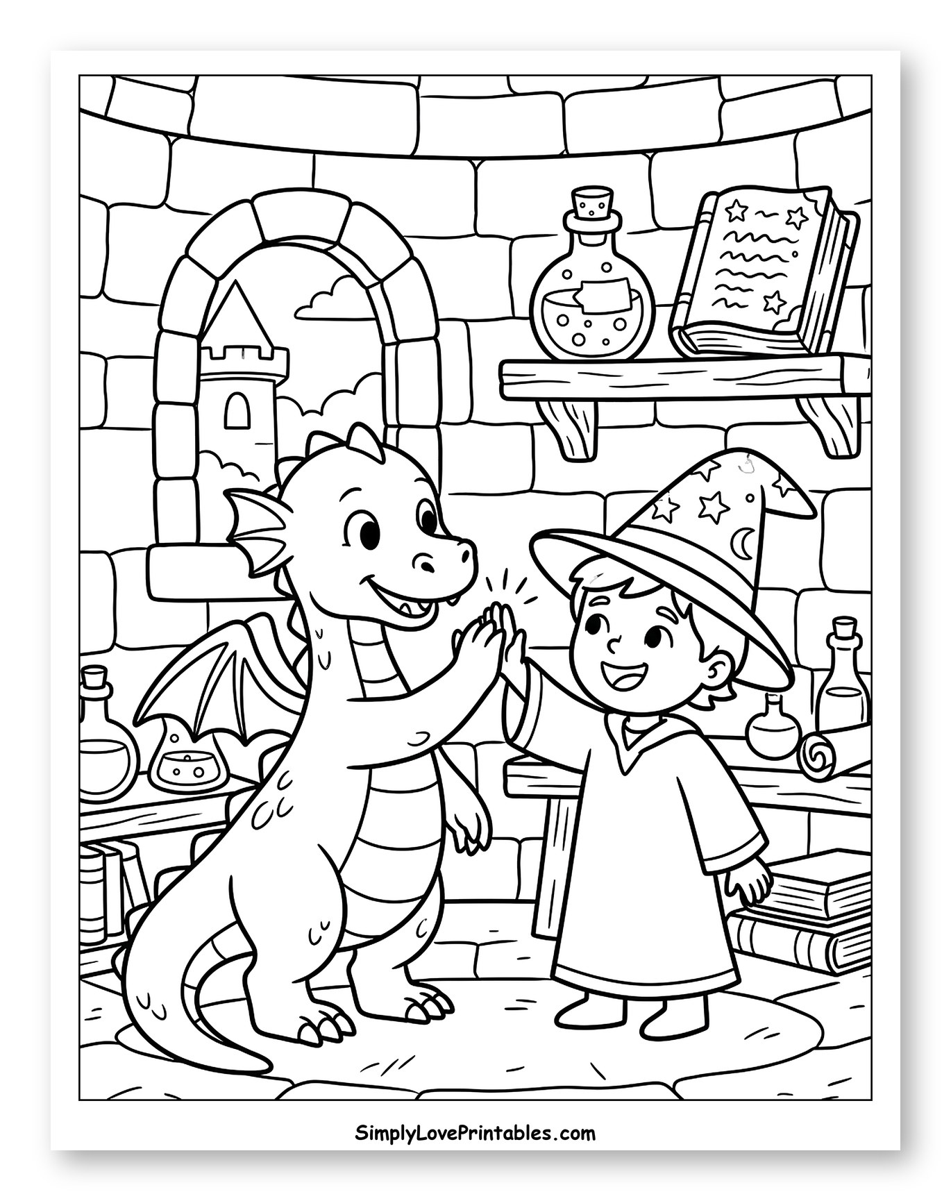 Dragon and Young Wizard High-Fiving to Color for Kids