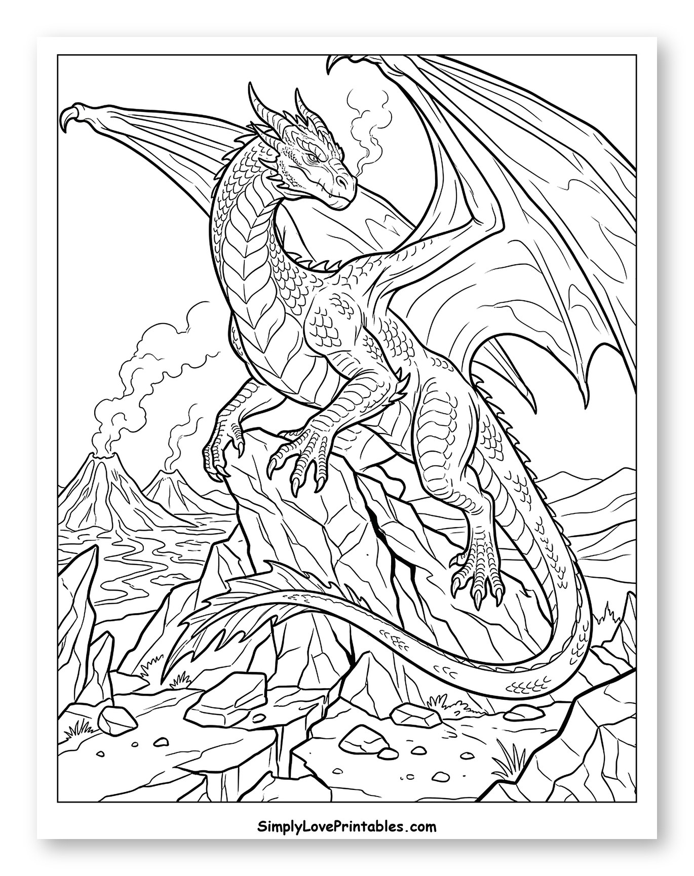 Dragon Breathing Smoke on Rocky Peak to Color