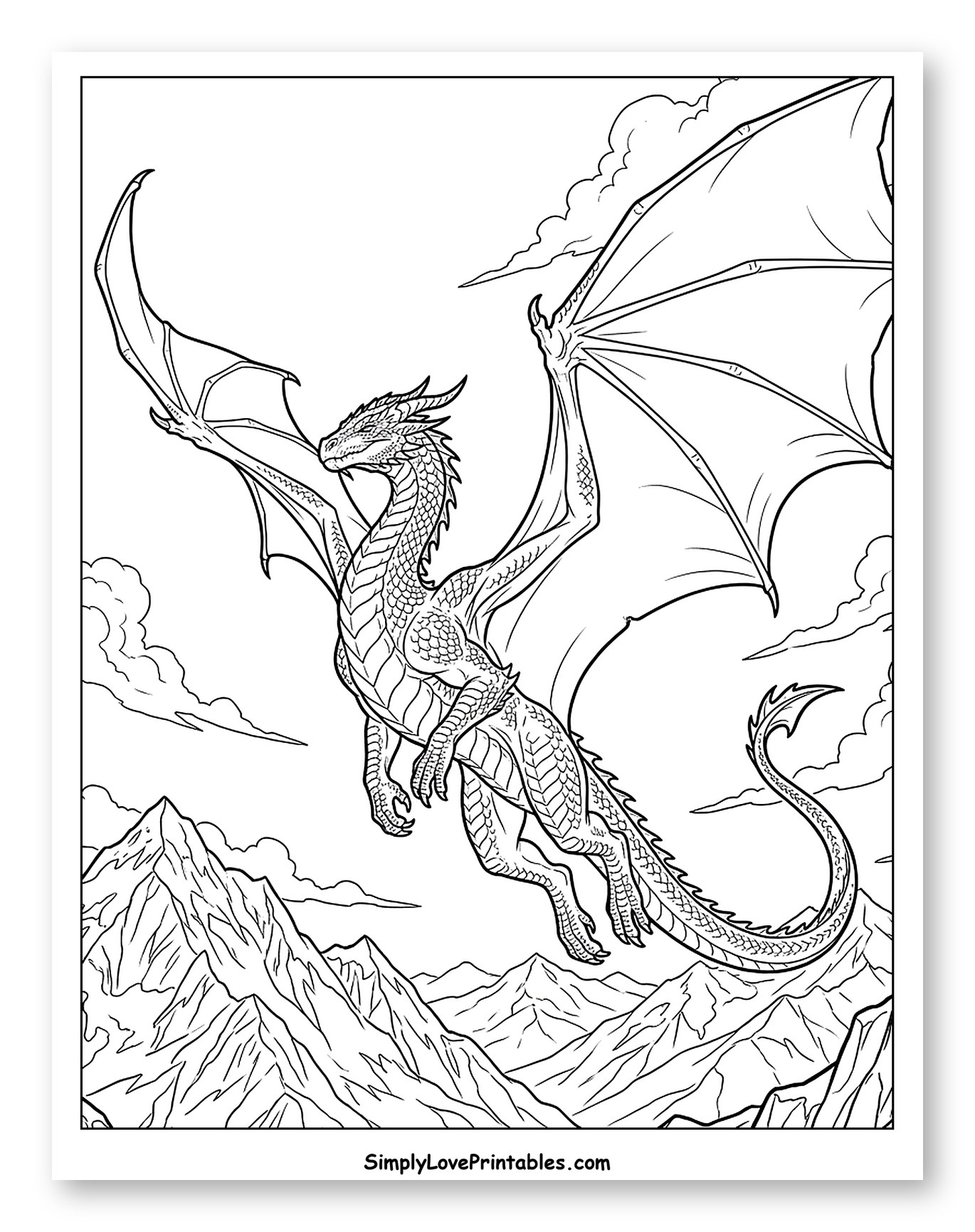 Dragon Flying Over Mountain Peaks Coloring Sheet