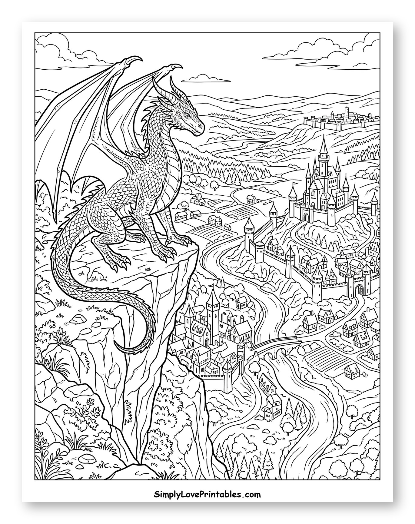 Dragon Overlooking a Medieval Castle and Valley Coloring Page
