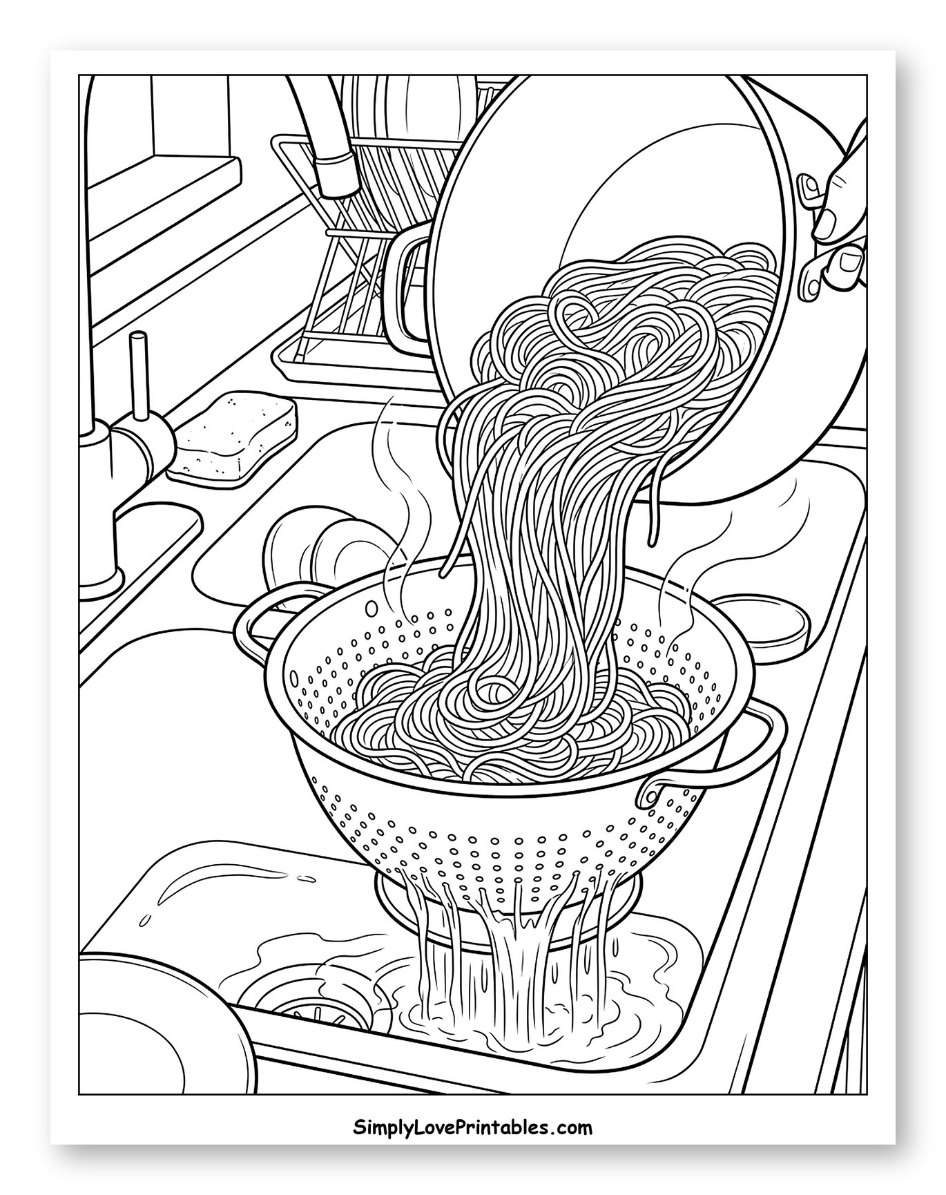 Draining Spaghetti into a Colander in the Sink Coloring Page