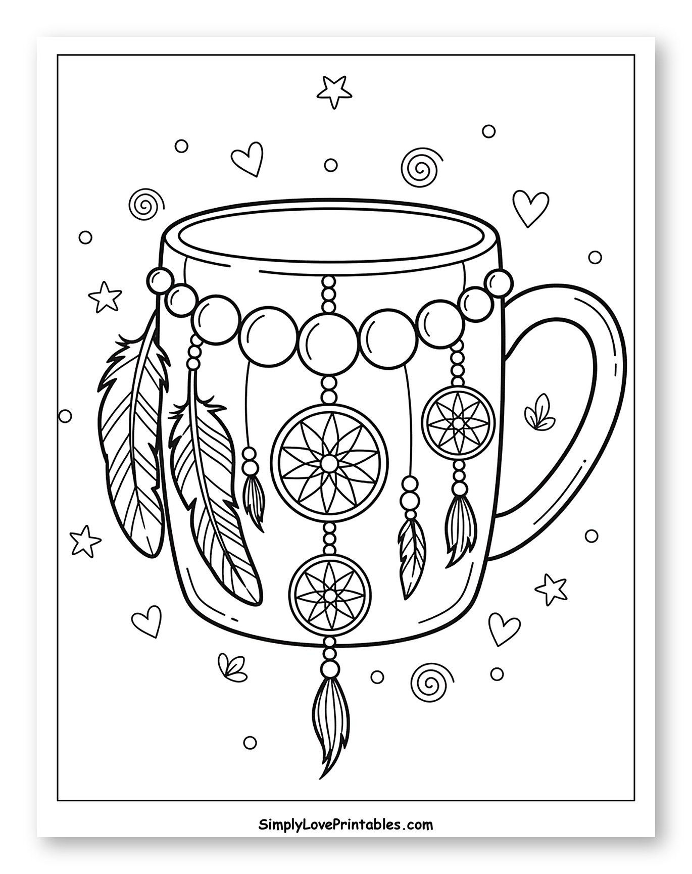 Dreamcatcher Mug with Feathers and Beads to Color for Adults