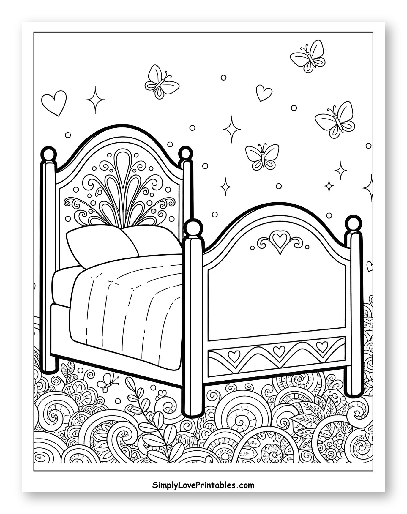 Dreamy Bed Scene with Swirls and Butterflies