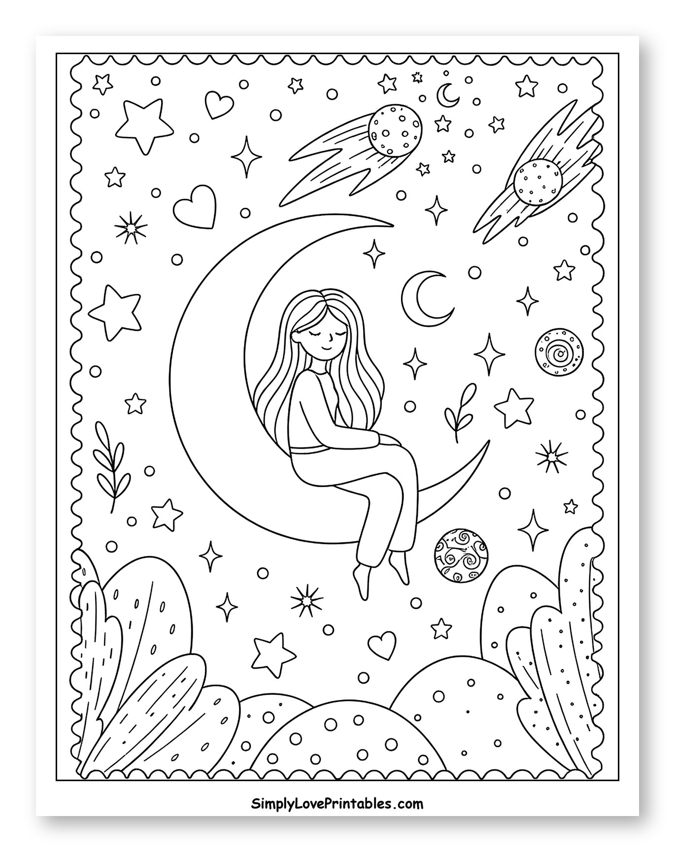 Dreamy Girl on Moon with Stars and Comets