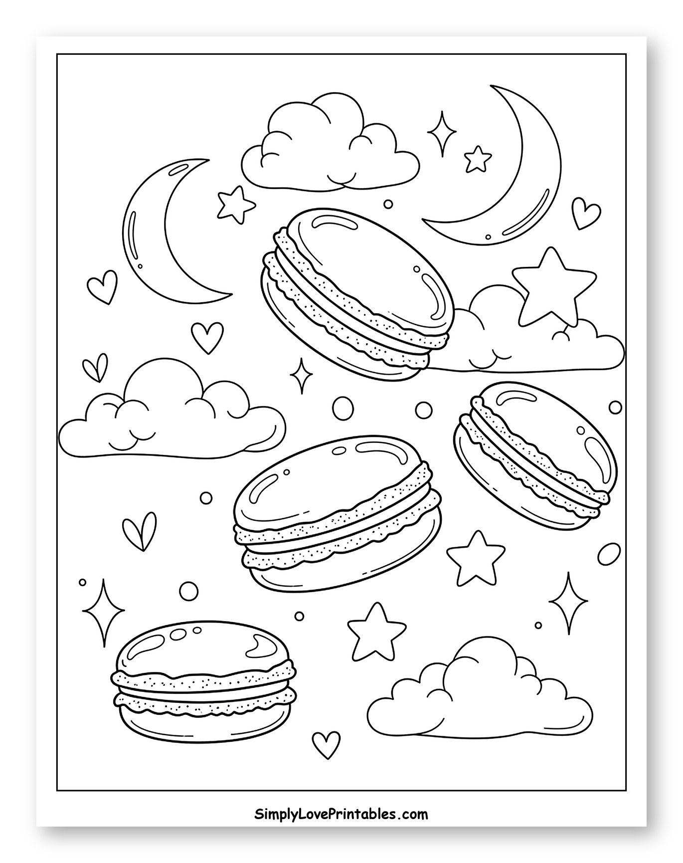 Dreamy Macarons with Crescent Moons and Clouds Coloring Sheet for Adults
