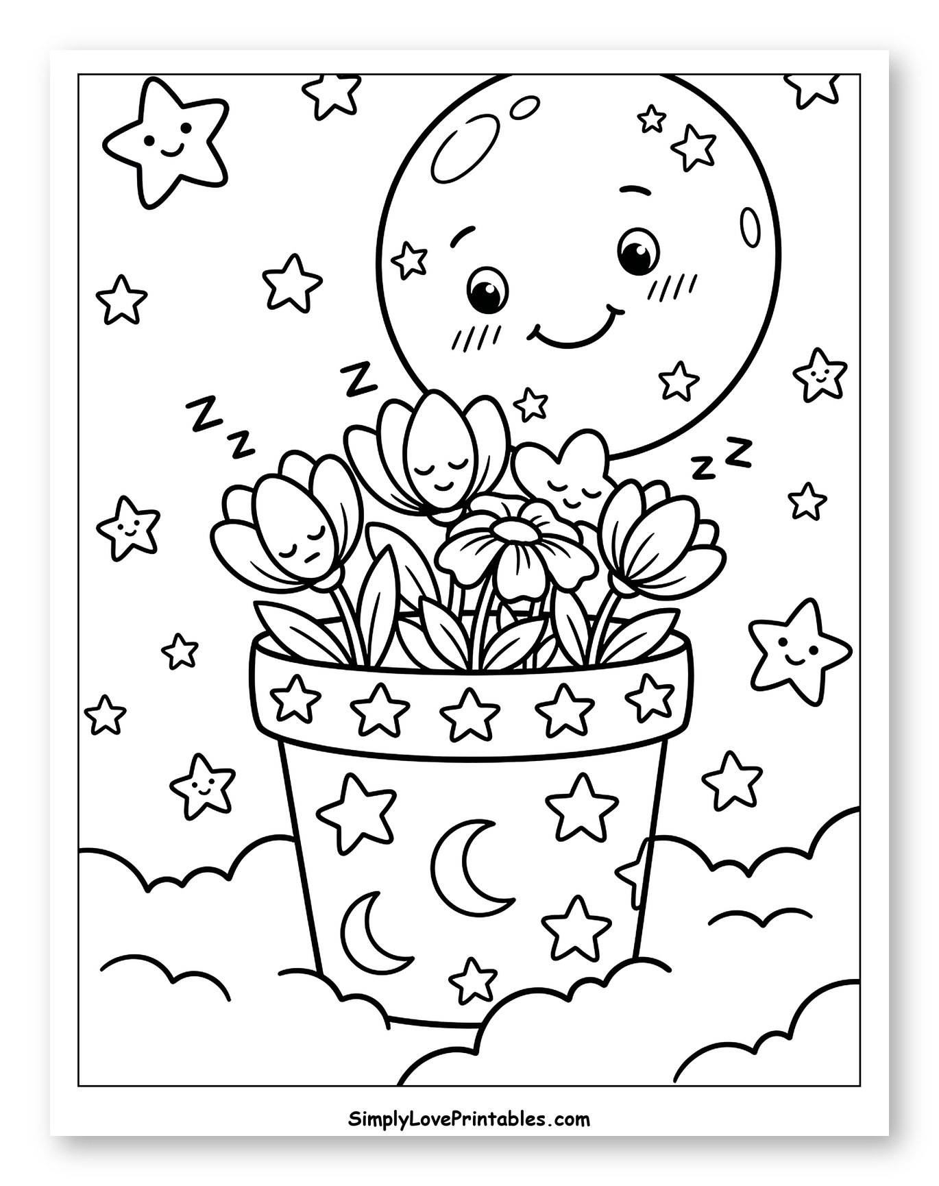 Dreamy Moon with Sleeping Flowers and Clouds