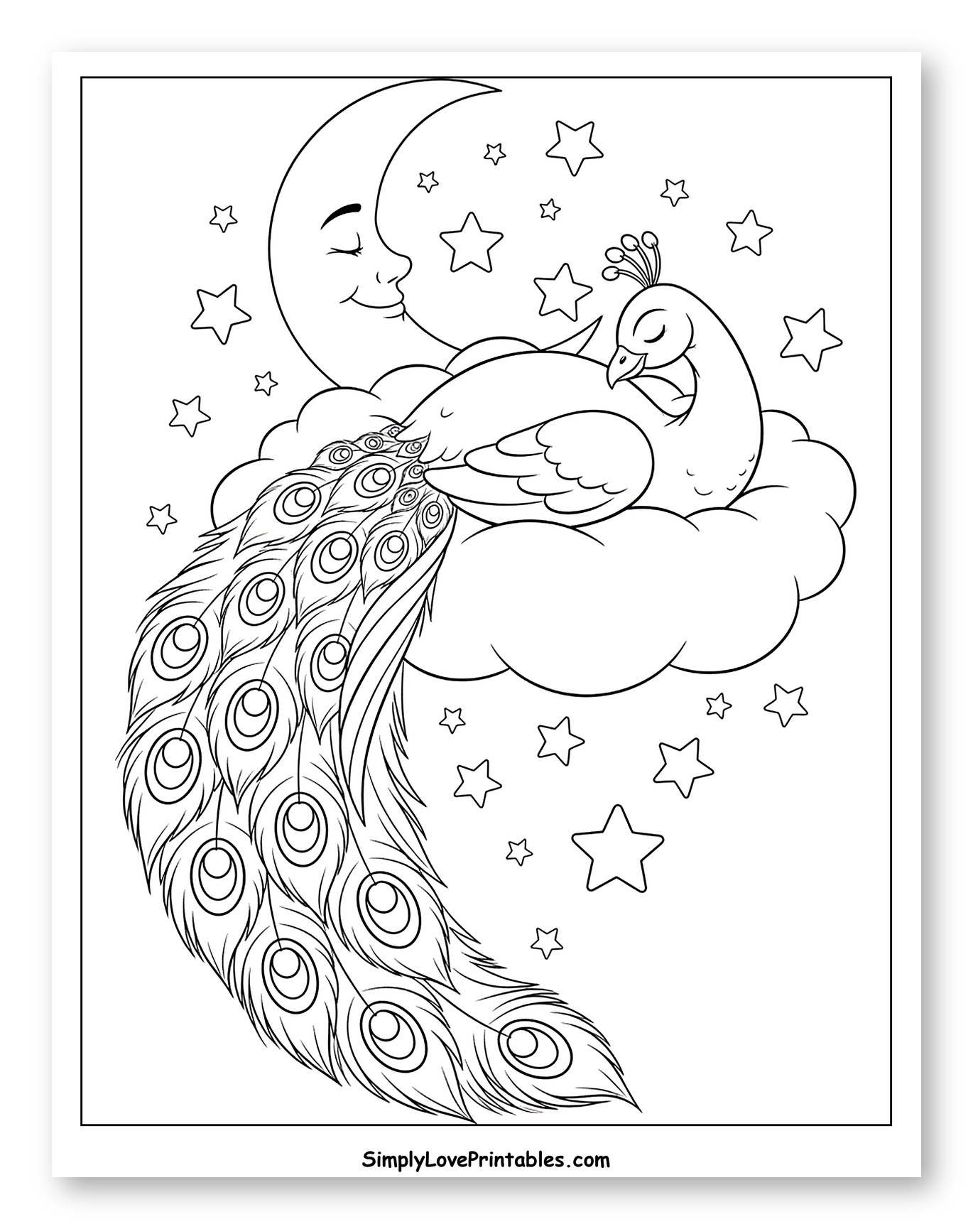 Dreamy Peacock Asleep on a Cloud with Moon Coloring Sheet for Kids
