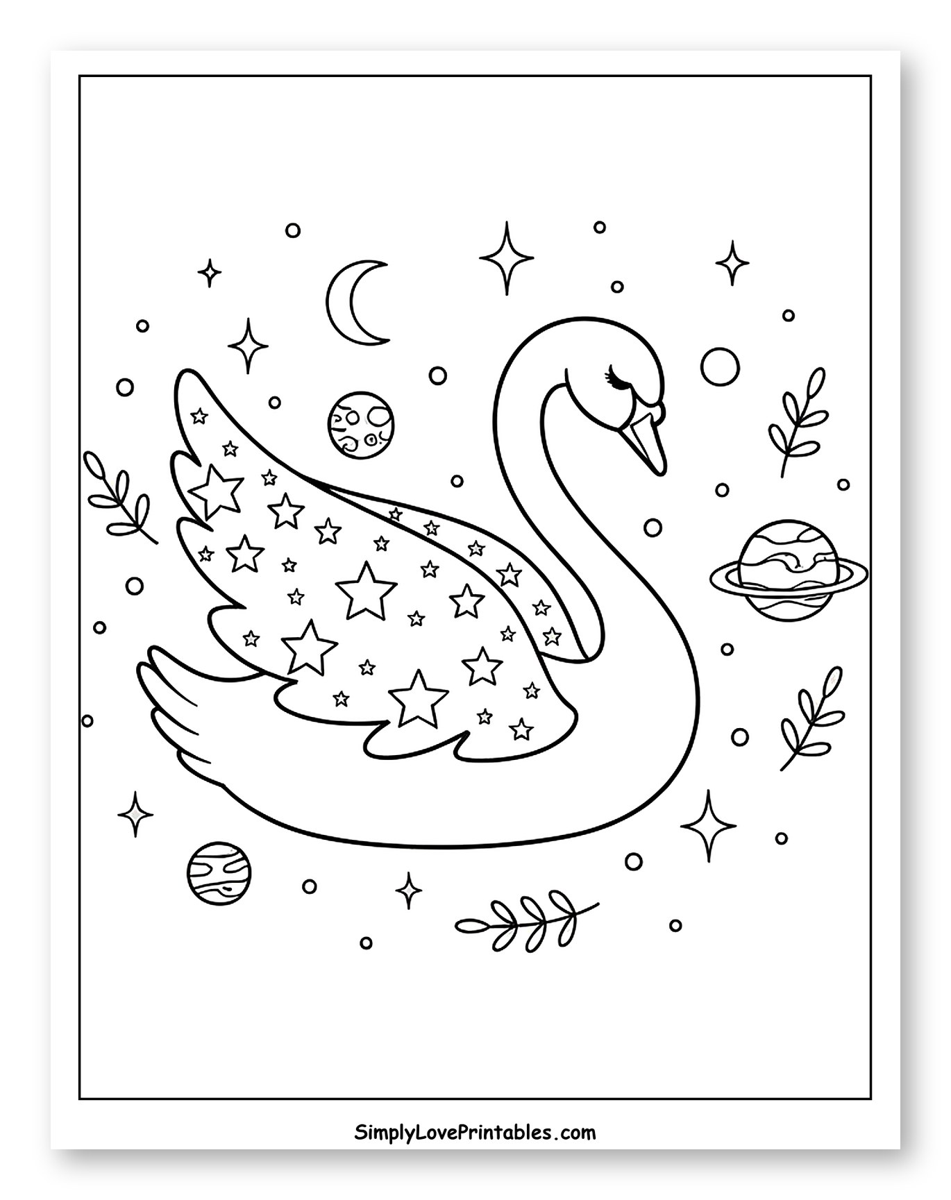 Dreamy Swan in Space with Stars and Planets to Color for Adults