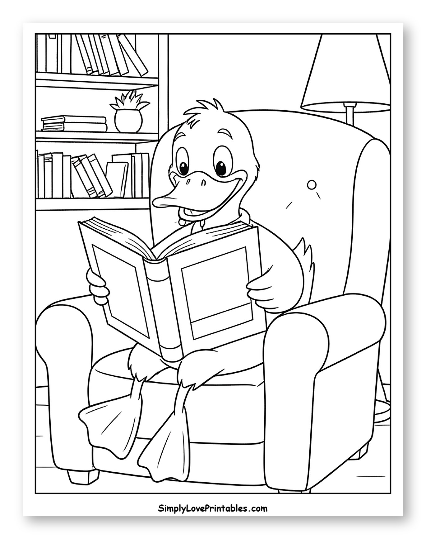Duck Reading Book in Armchair by Bookshelf