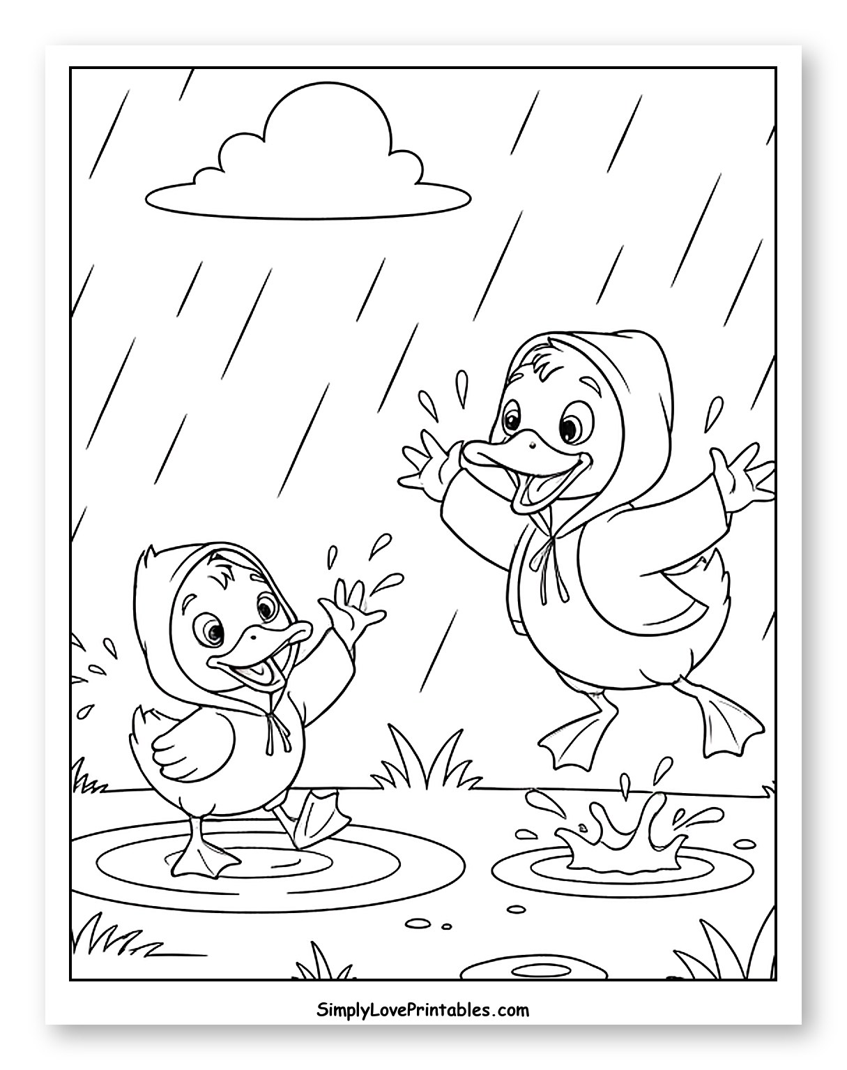 Ducklings in Raincoats Splashing in Puddles Coloring Sheet for Kids
