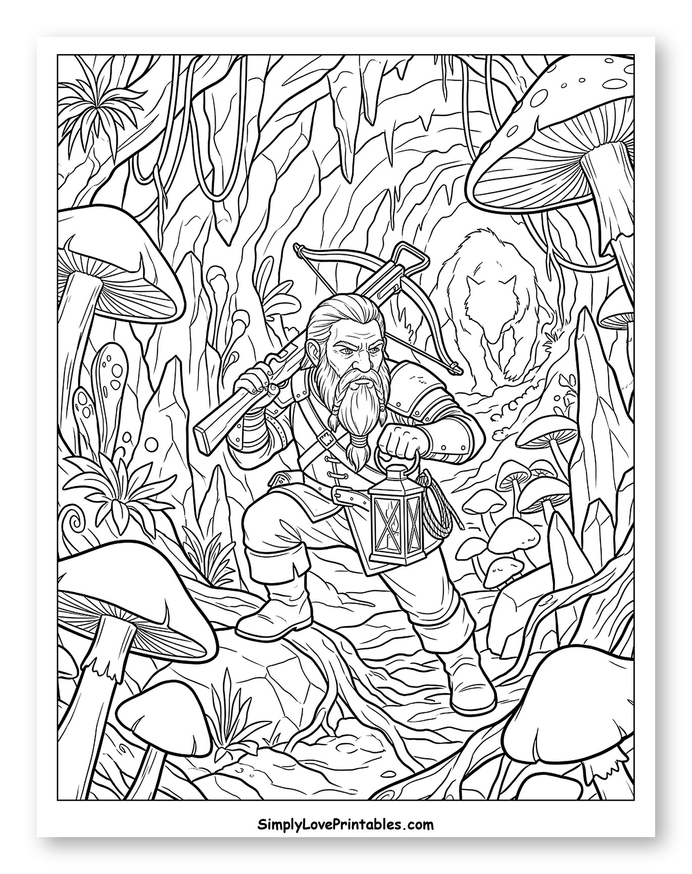 Dwarf Adventurer in a Mushroom Cave Coloring Page