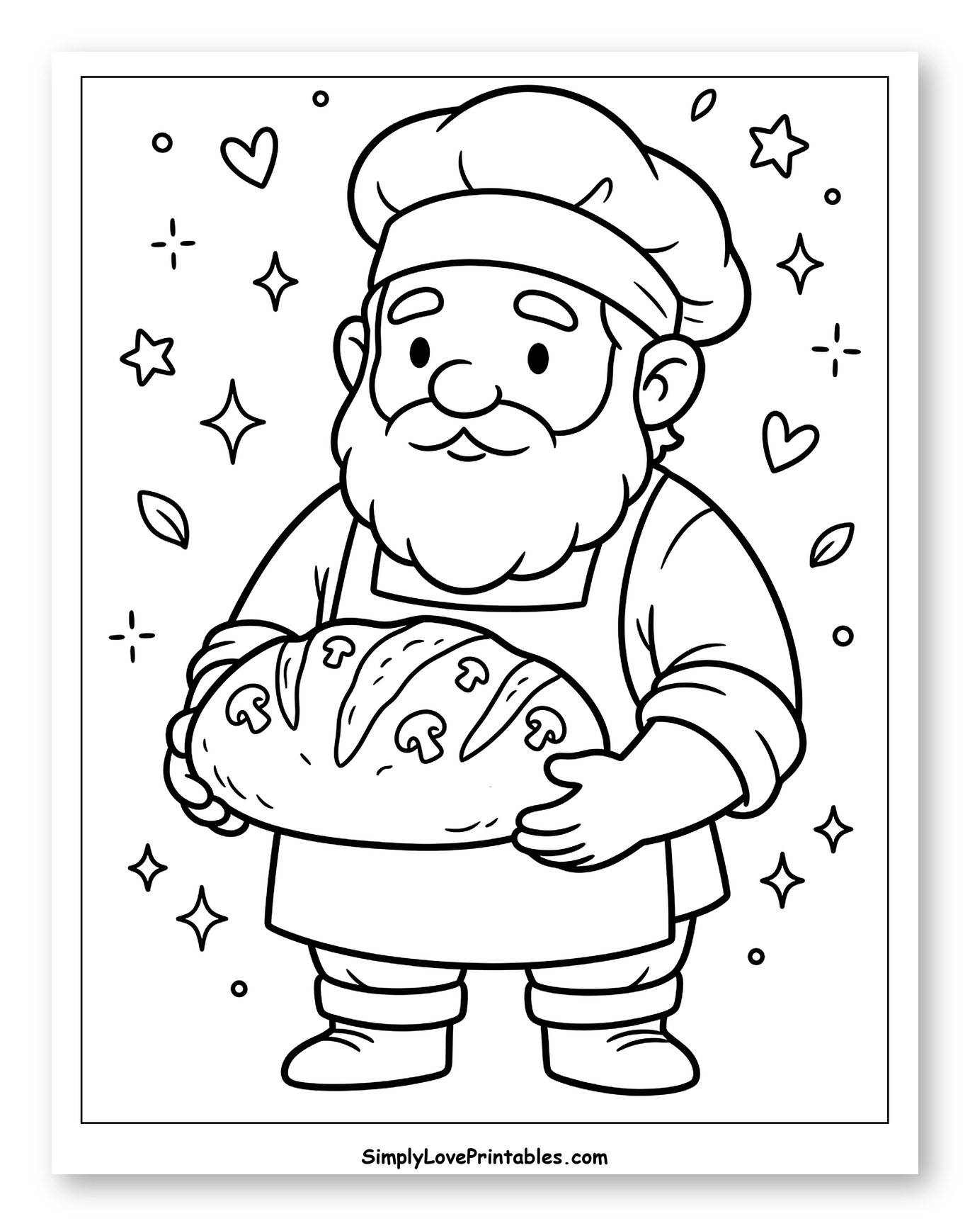 Dwarf Baker Holding a Mushroom Bread Loaf Coloring Sheet for Adults