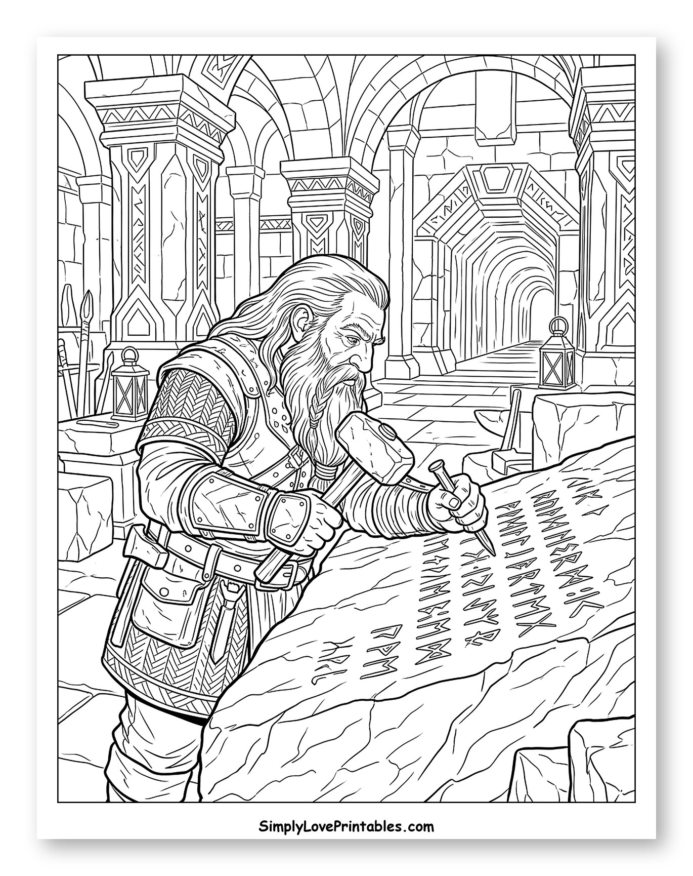 Dwarf Engraving Runes in a Grand Hall