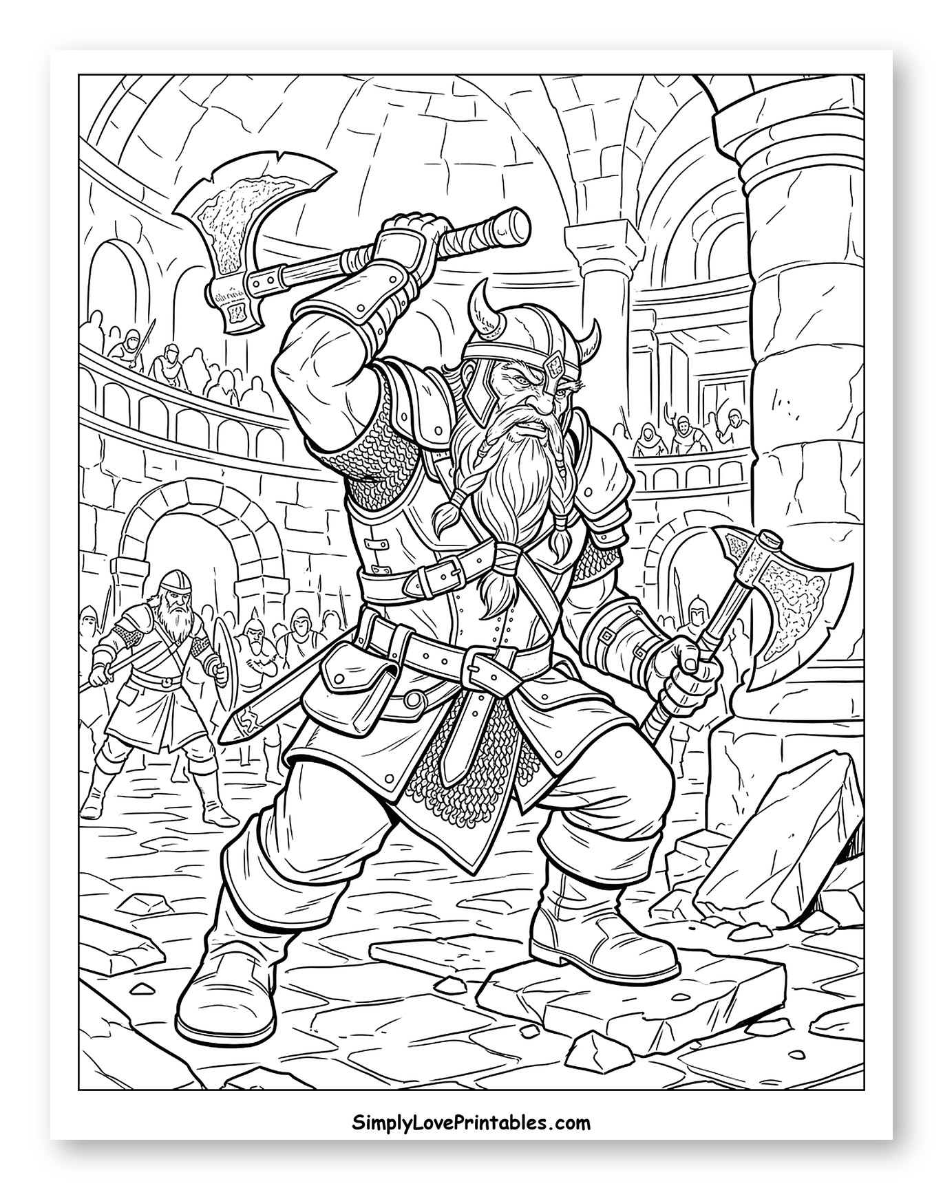Dwarf Warrior with Axes in Ancient Hall to Color