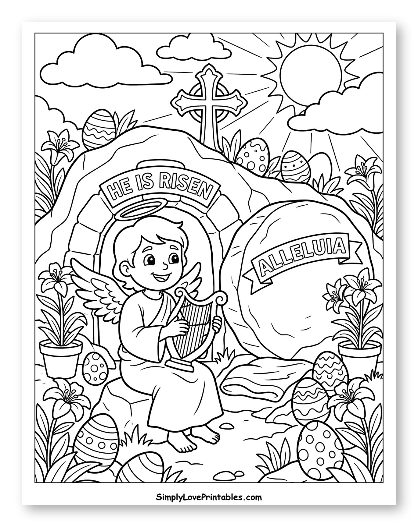 Easter Angel Playing Harp at Tomb to Color for Kids