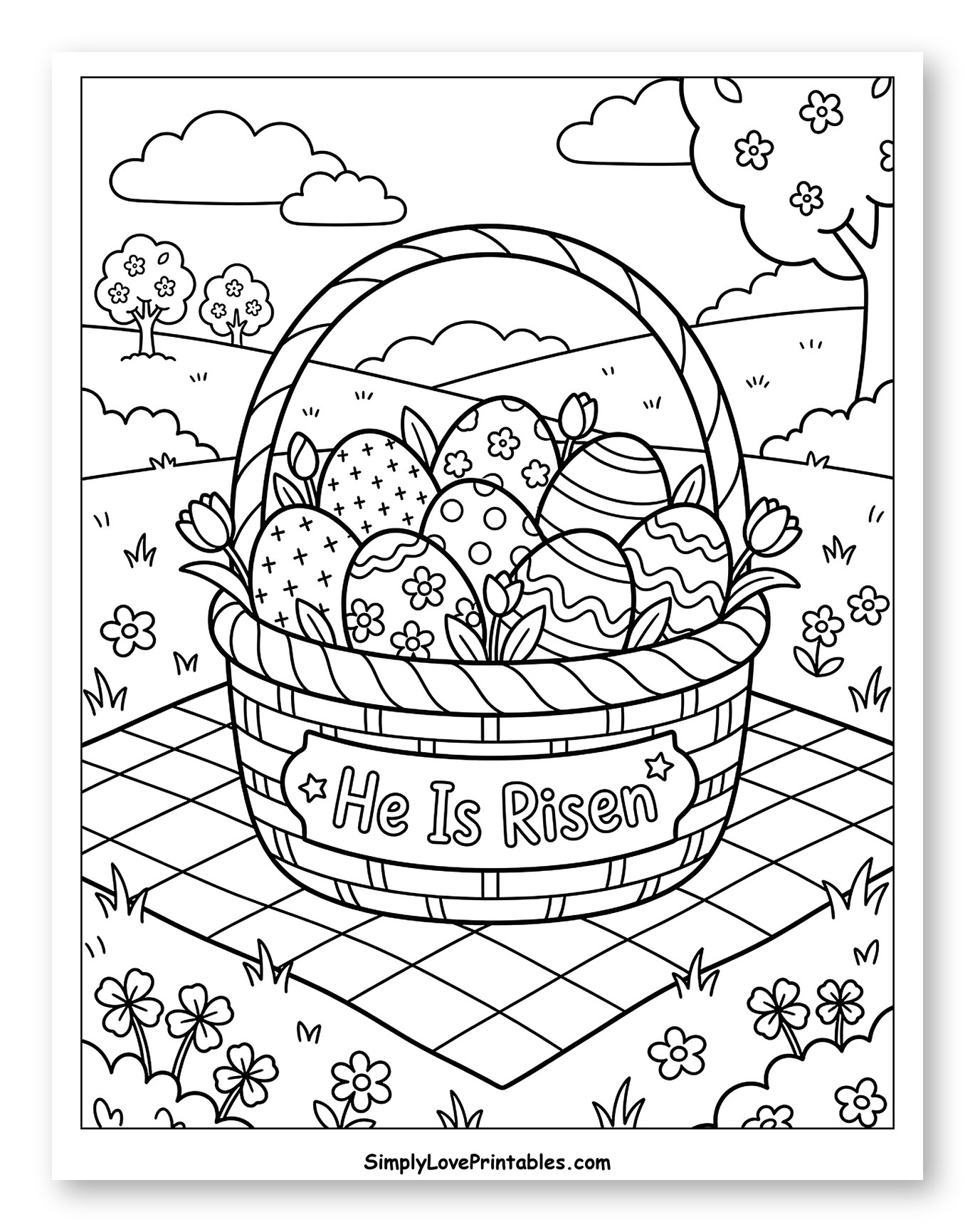 Easter Basket with Eggs on a Picnic Blanket Coloring Page for Kids