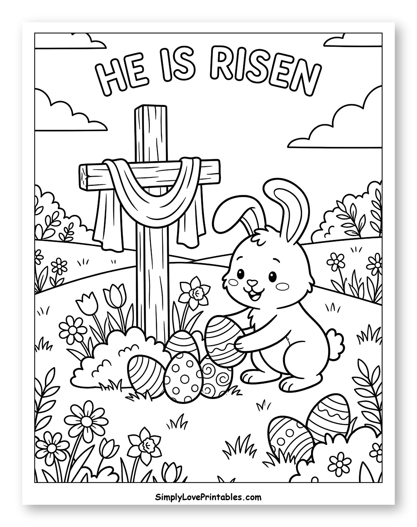 Easter Bunny with Eggs and He Is Risen Cross Coloring Page for Kids