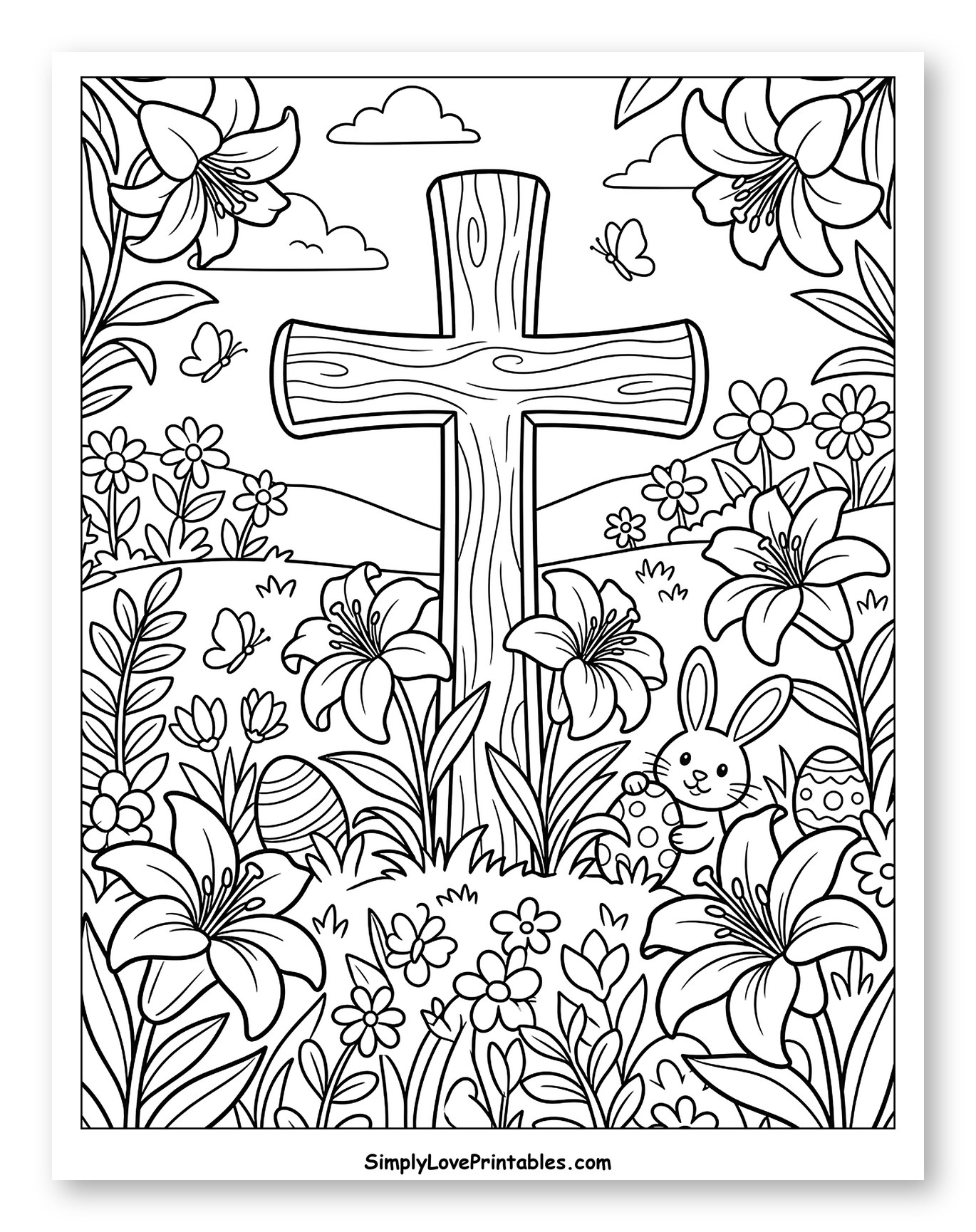 Easter Cross with Lilies, Eggs, and Bunny to Color for Kids