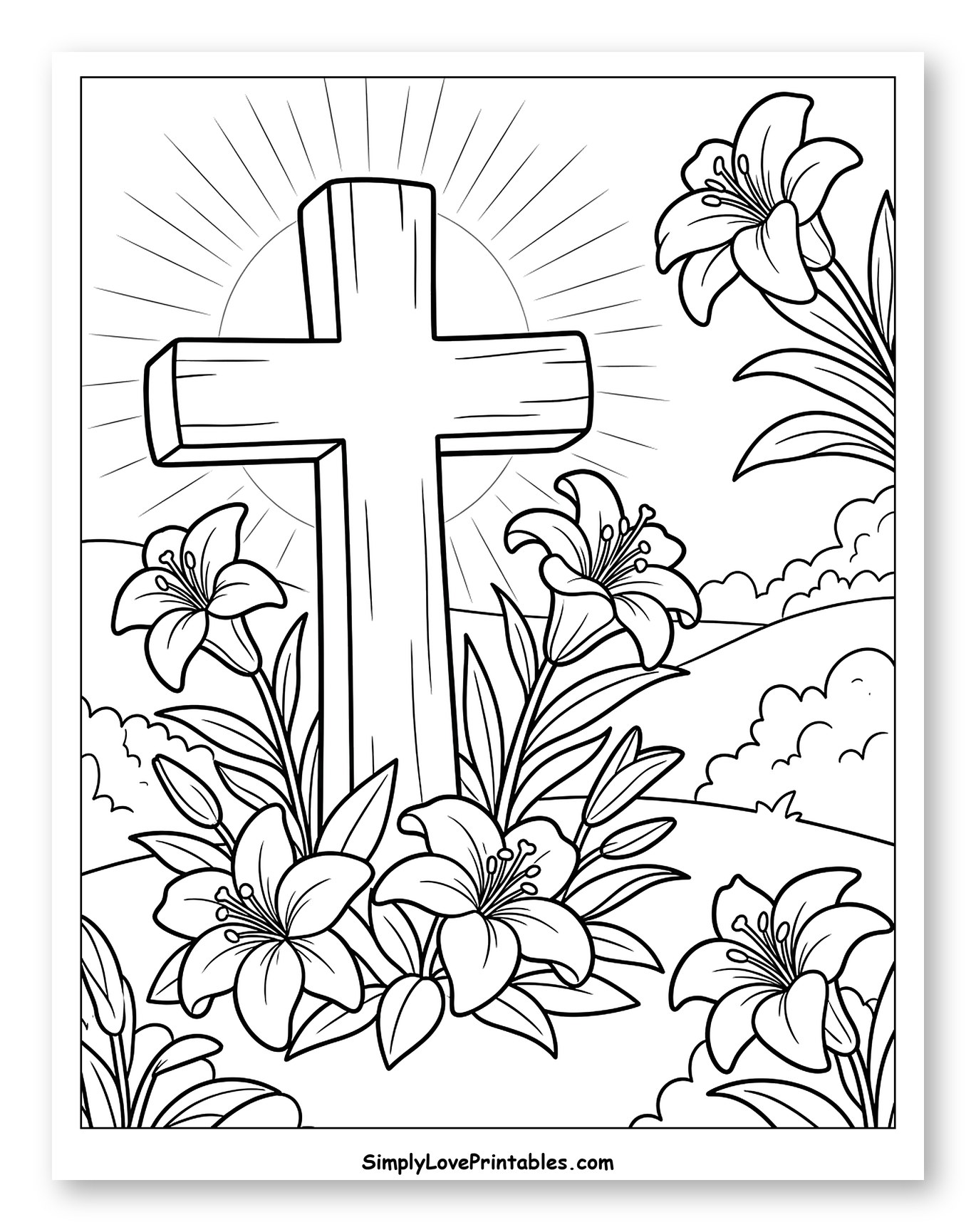 Easter Cross with Radiant Sun and Lilies Coloring Page for Kids
