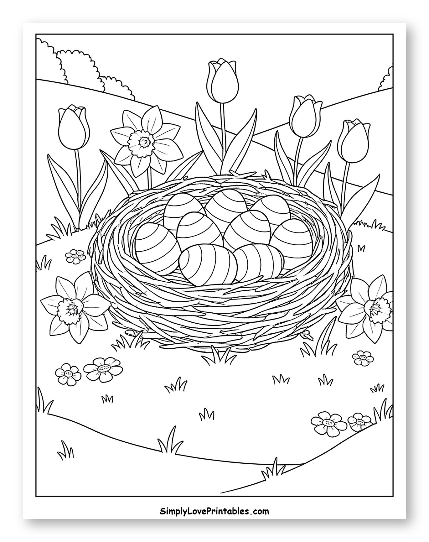 Easter Eggs in a Nest with Spring Blooms