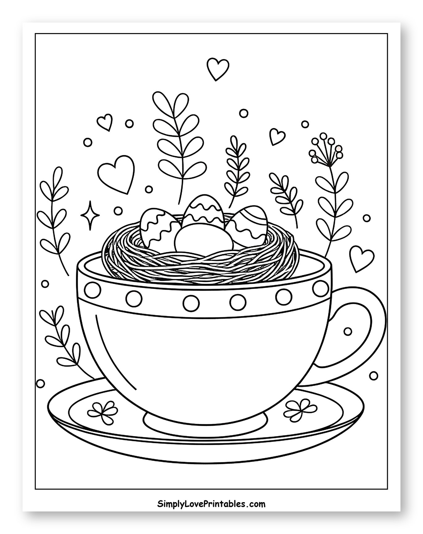 Easter Eggs in a Teacup with Nest and Hearts Coloring Sheet for Adults