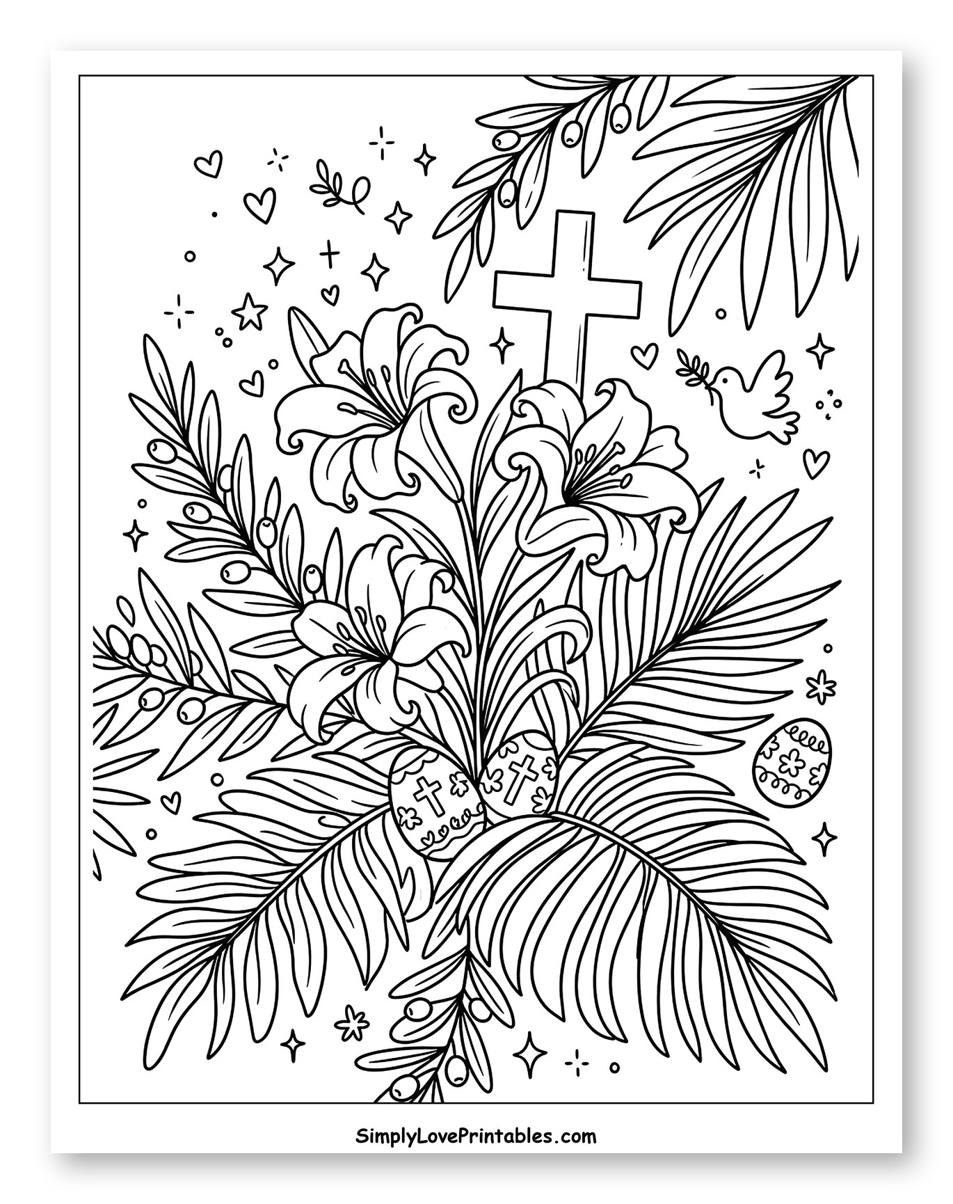 Easter Lilies, Palm Fronds, and Holy Symbols Coloring Page for Adults