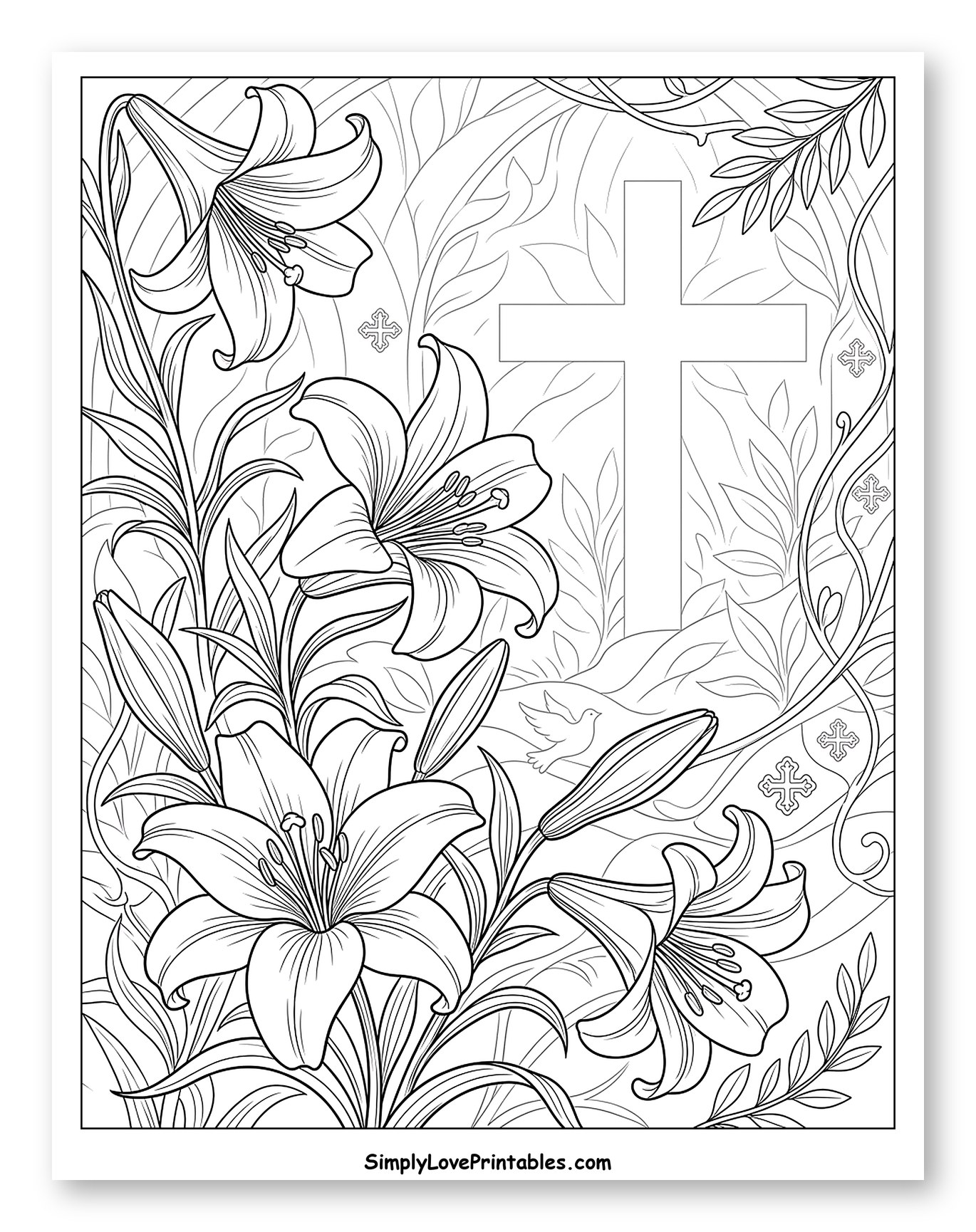 Easter Lilies with Cross and Dove Coloring Sheet