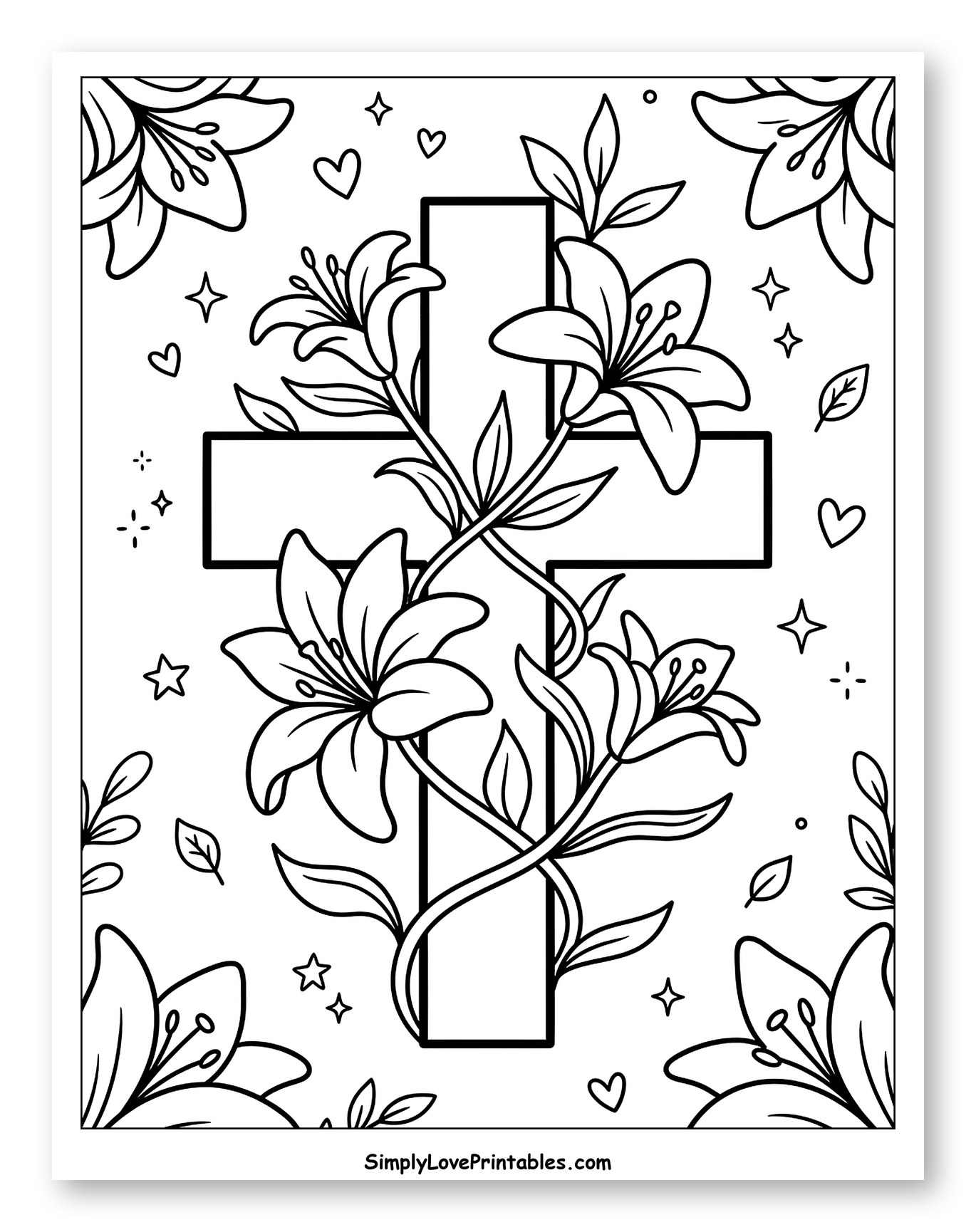 Easter Lily Cross with Hearts and Stars Coloring Page for Adults