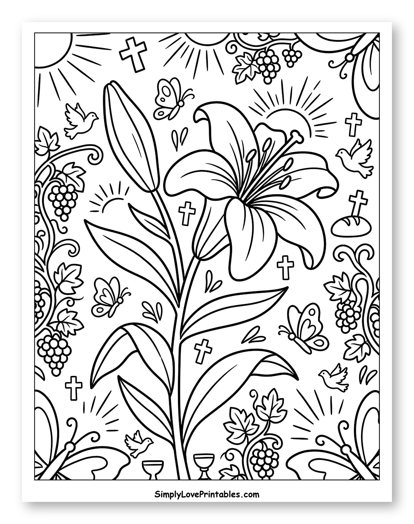 Easter Lily Surrounded by Holy Week Symbols to Color for Kids