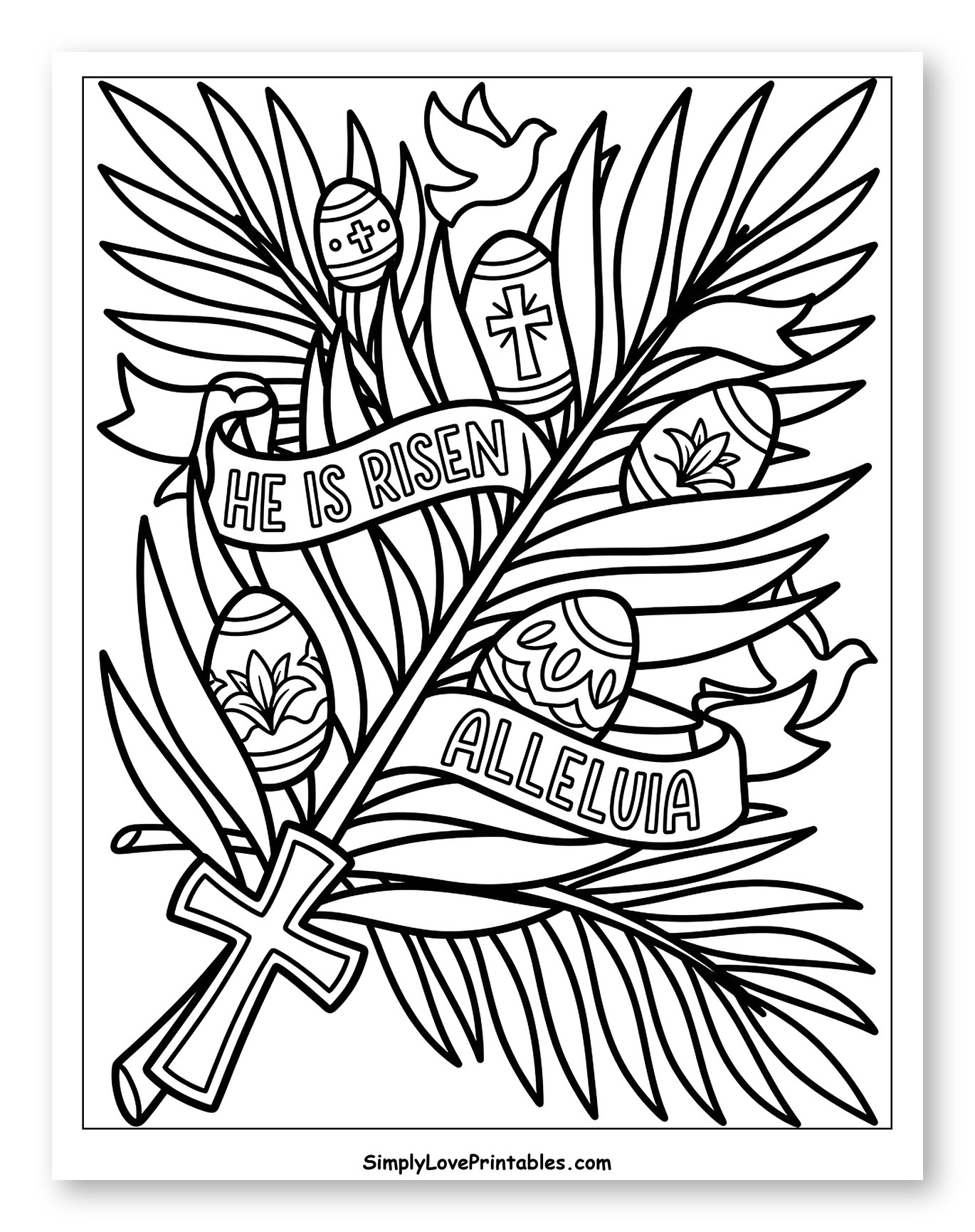 Easter Palm Branches with Religious Symbols and Doves to Color for Toddlers