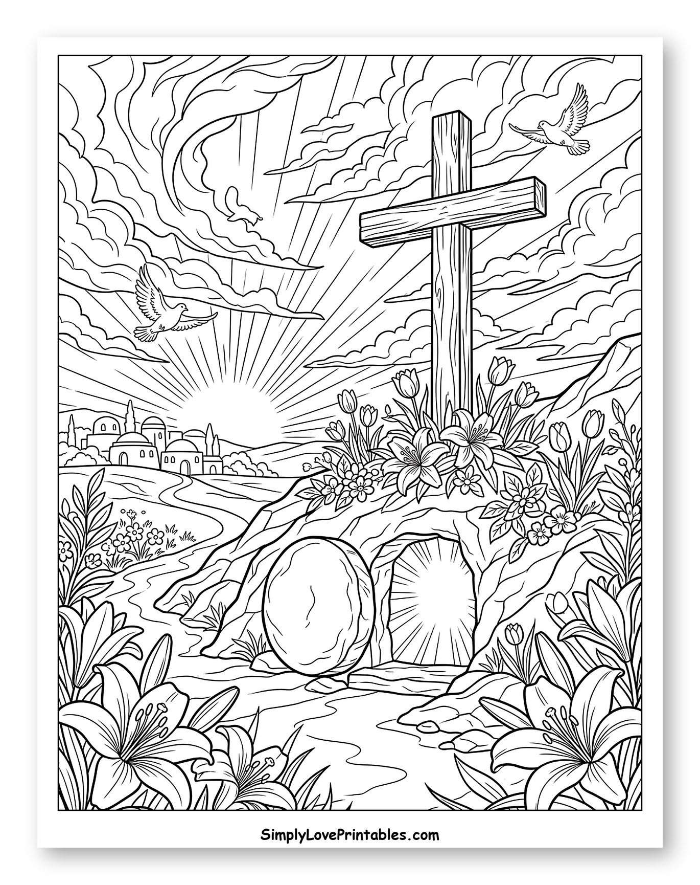Easter Resurrection Scene with Empty Tomb and Cross