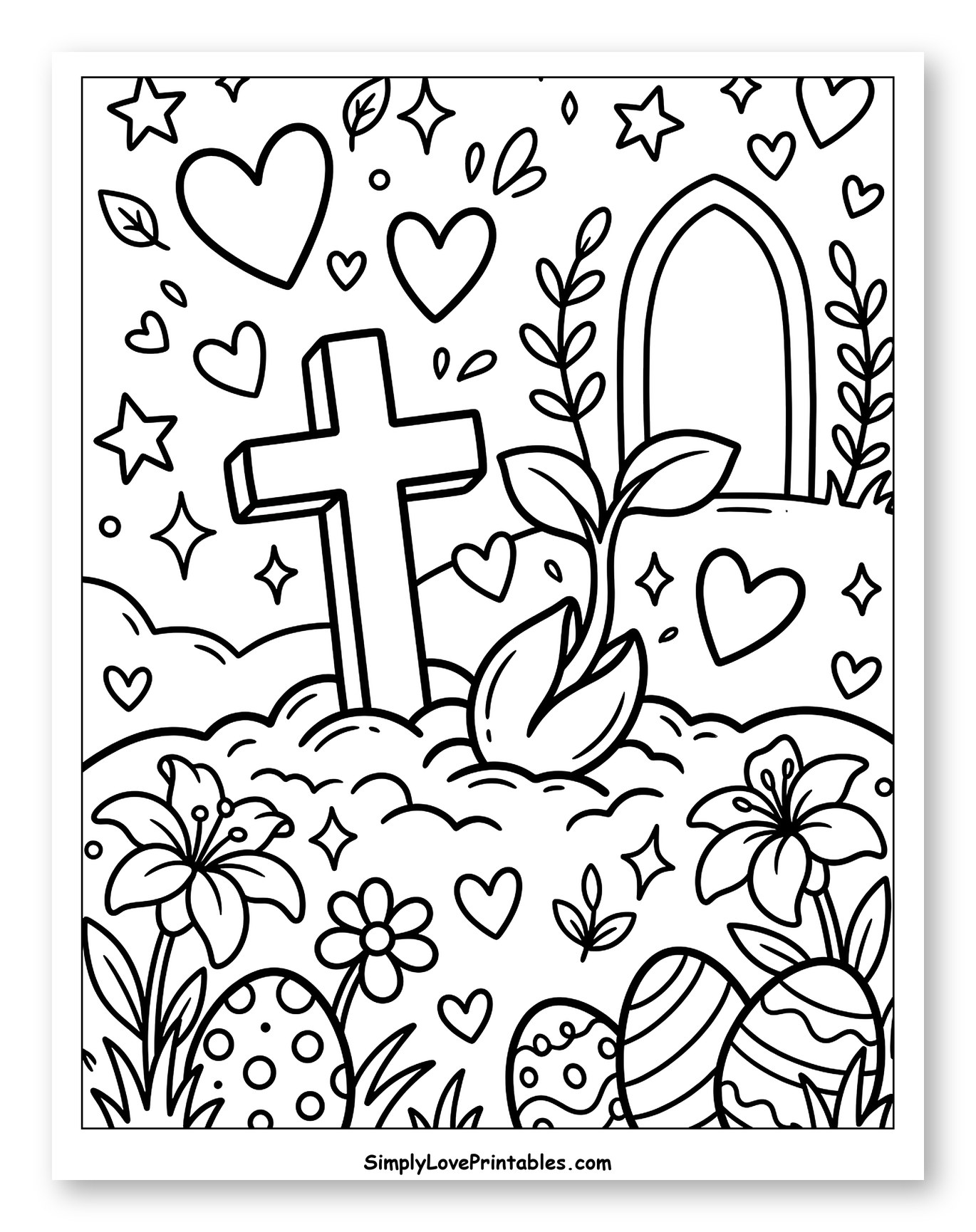 Easter Scene with Cross, Tomb, Flowers, and Eggs