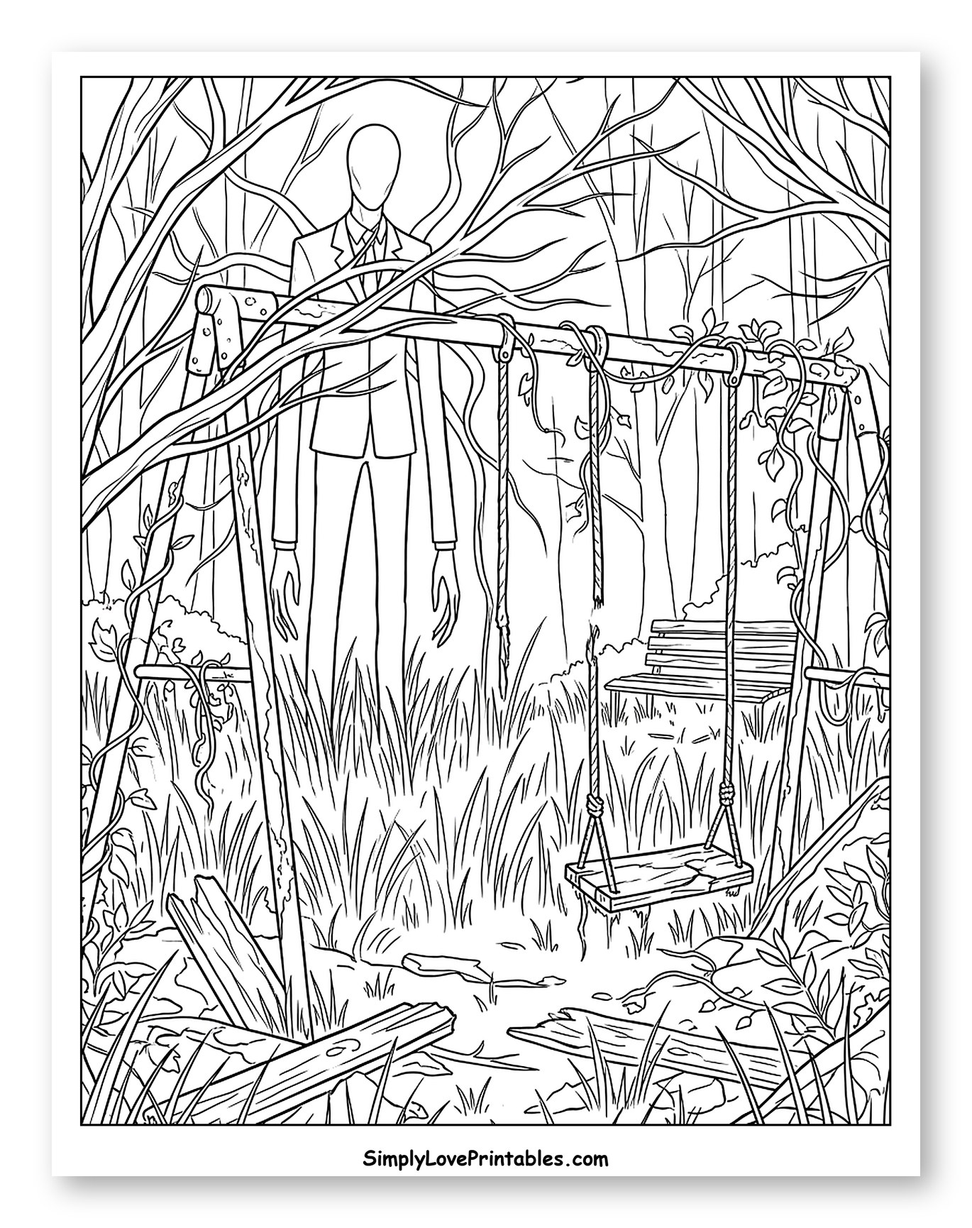 Eerie Slender Man at Forest Swing Set Coloring Sheet