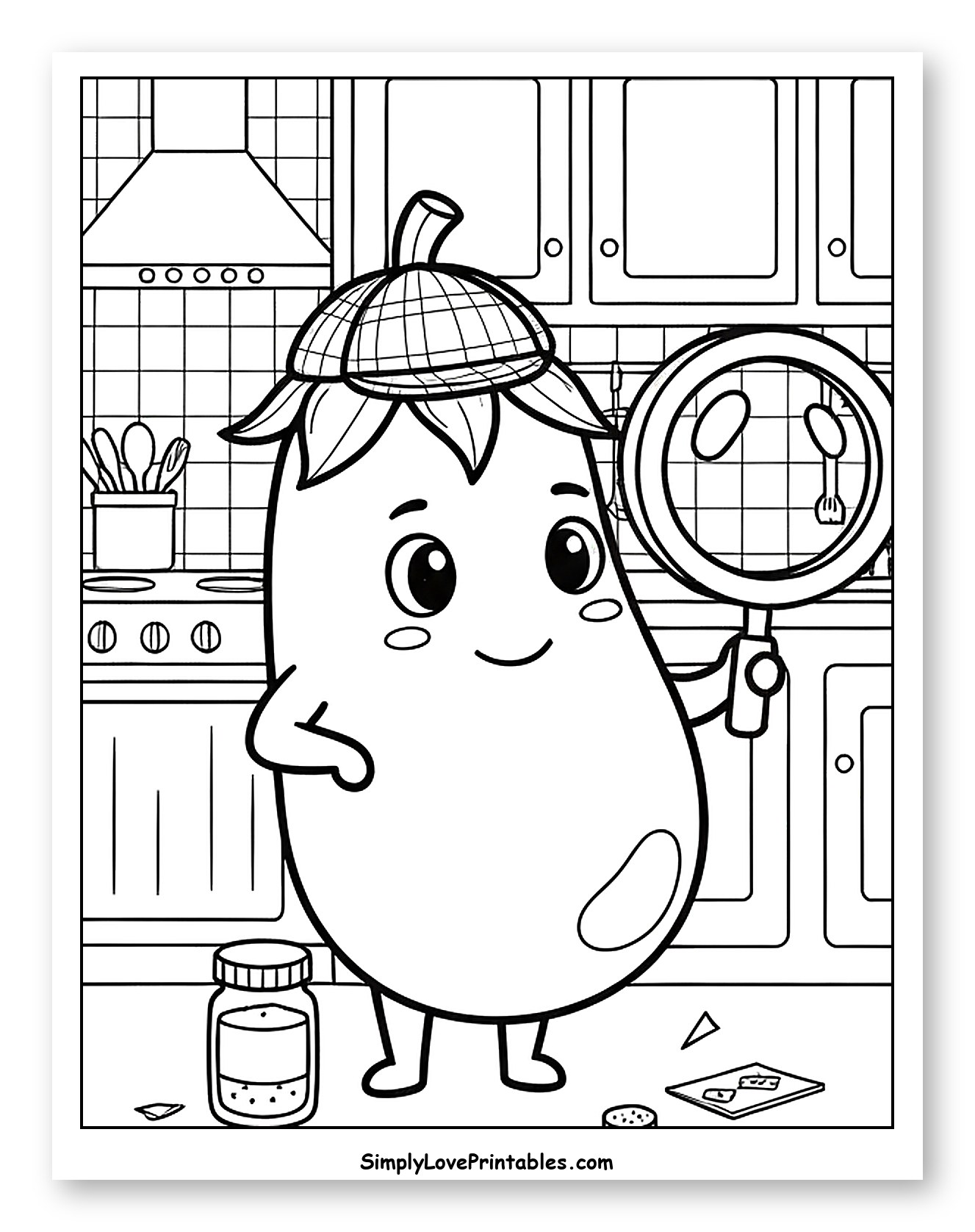 Eggplant Detective Investigating in the Kitchen to Color for Kids