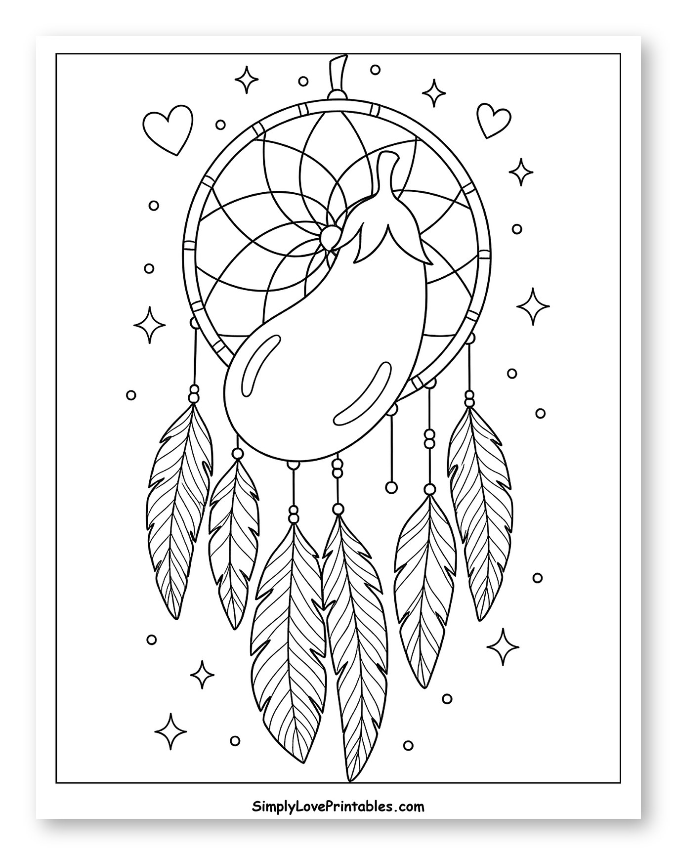 Eggplant Dreamcatcher with Feathers and Stars Coloring Sheet for Adults